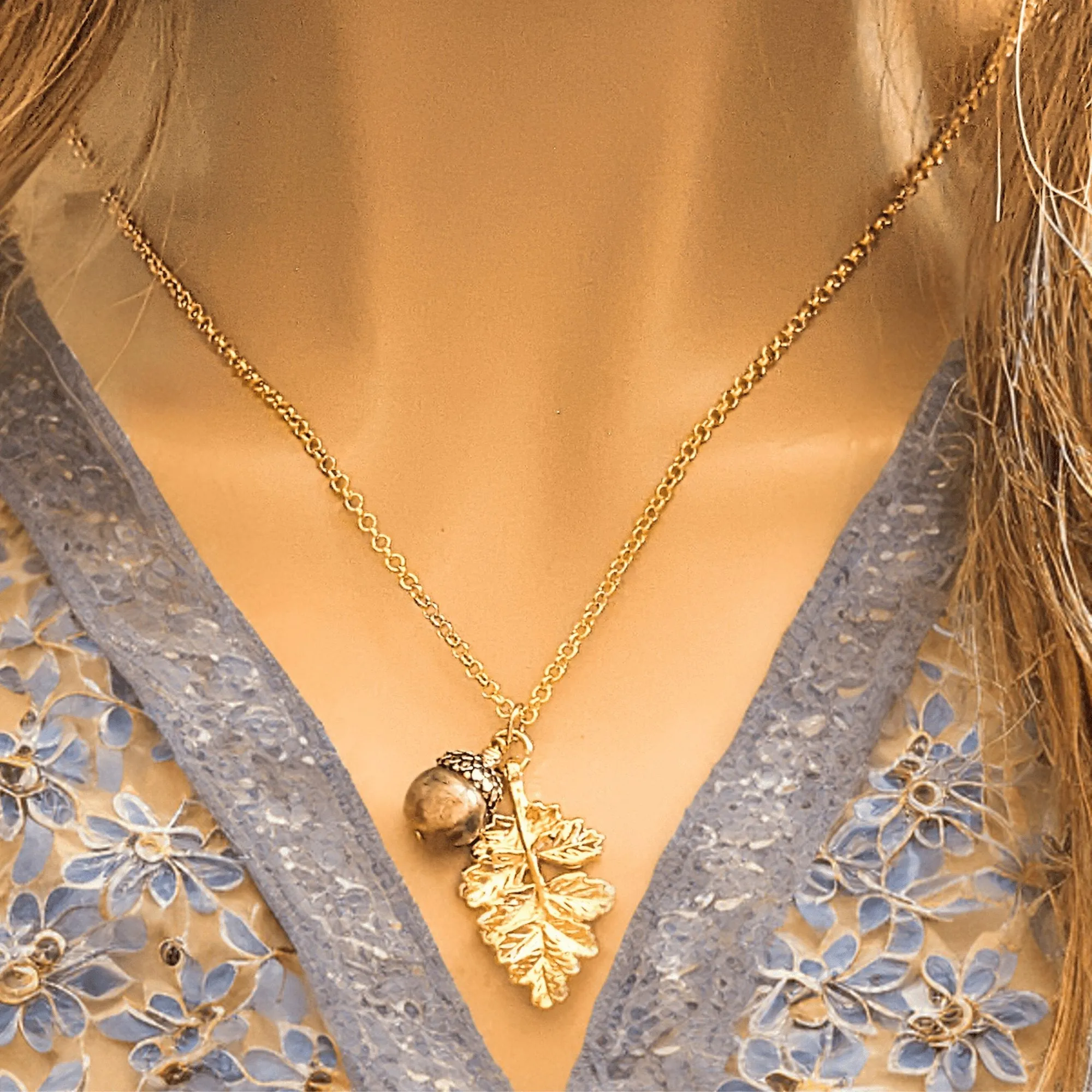 Acorn Oak Leaf Necklace, Gold