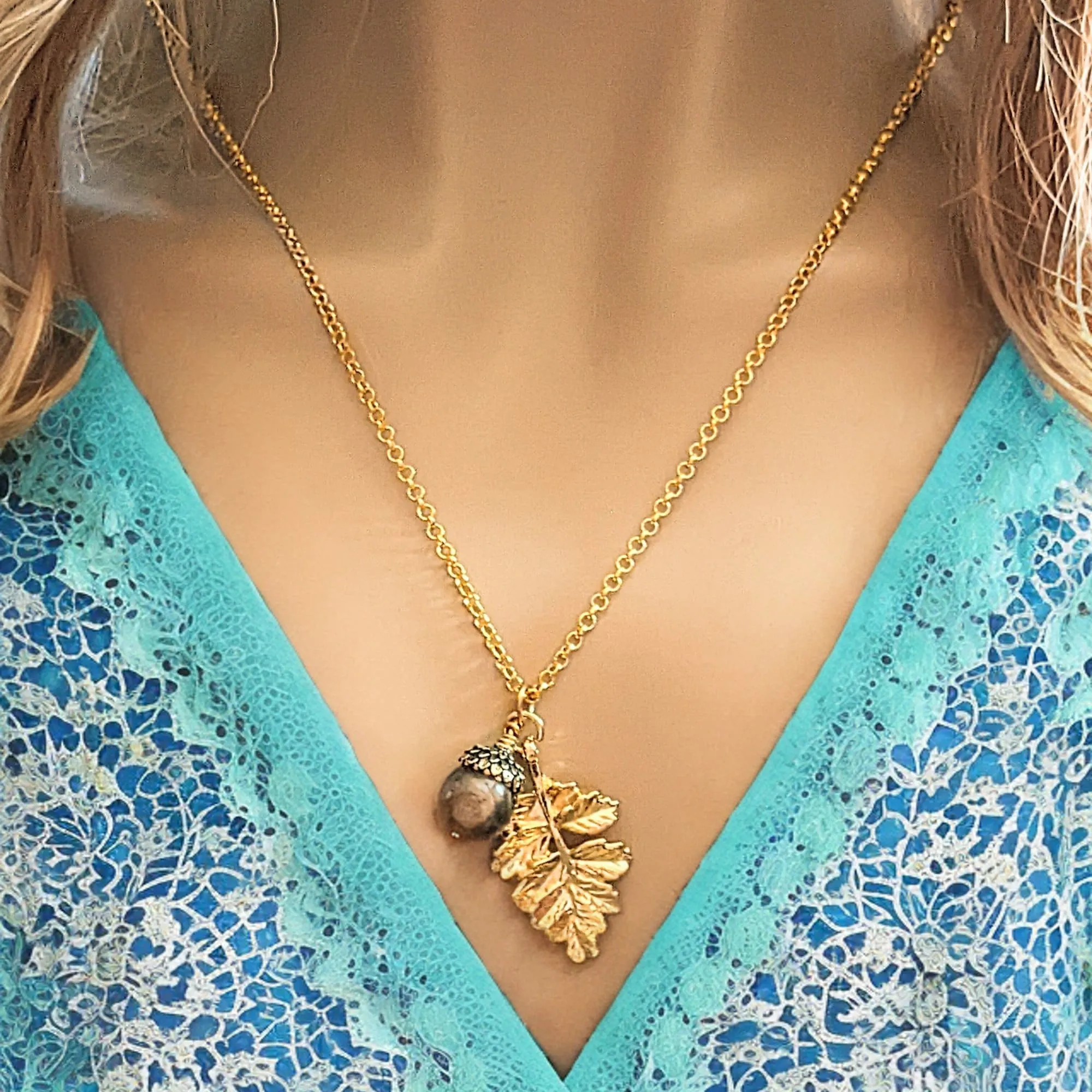 Acorn Oak Leaf Necklace, Gold