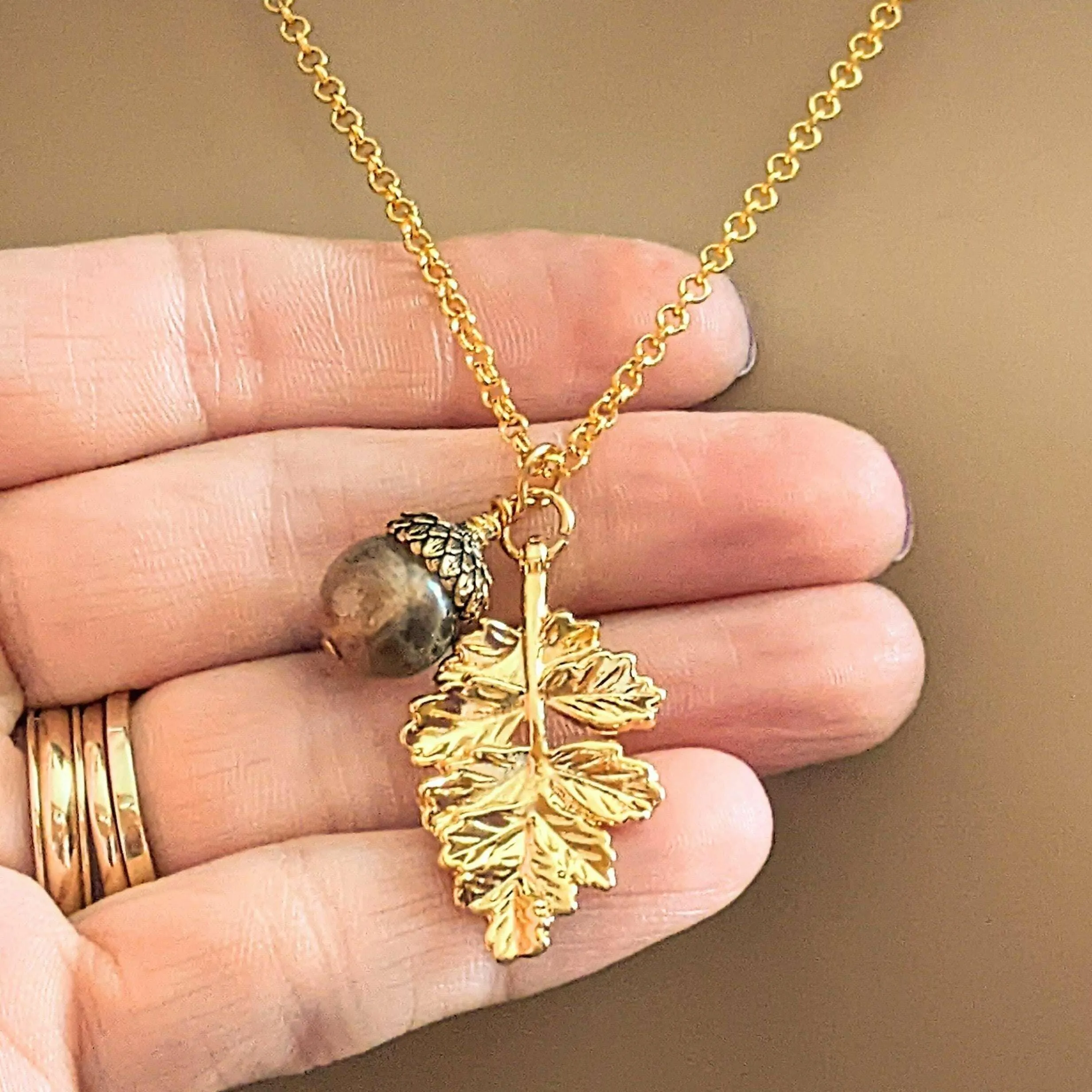 Acorn Oak Leaf Necklace, Gold