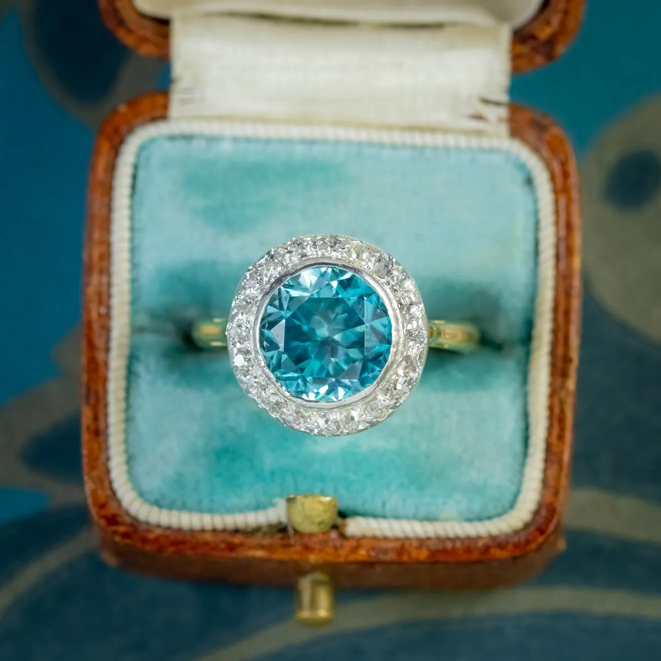 Antique Blue Zircon Diamond Ring 18Ct Gold 3Ct Zircon Circa 1918