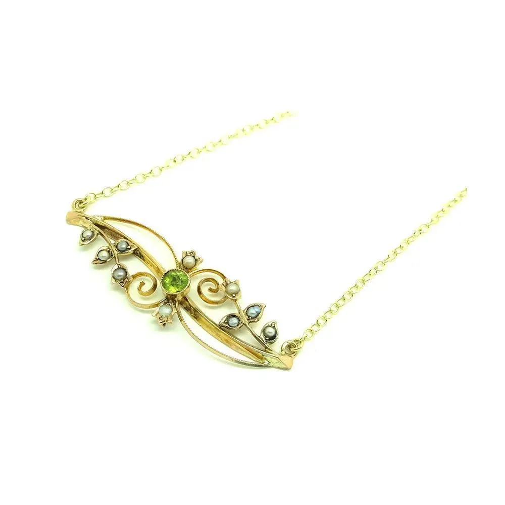 Antique Edwardian 1912 Seed Pearl & Peridot 9ct Gold Necklace