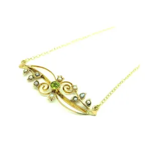 Antique Edwardian 1912 Seed Pearl & Peridot 9ct Gold Necklace