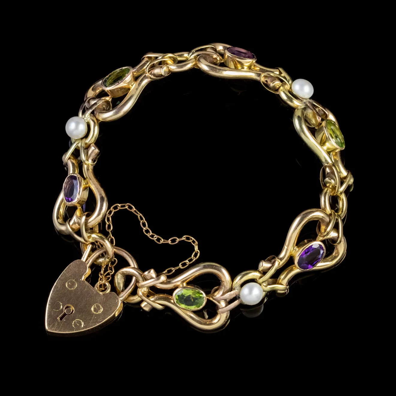 Antique Edwardian Suffragette 9Ct Gold Bracelet Peridot Pearl Amethyst Circa 1910