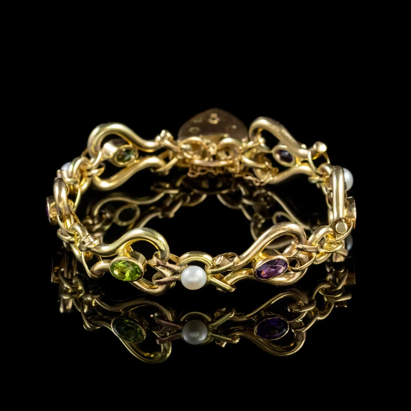 Antique Edwardian Suffragette 9Ct Gold Bracelet Peridot Pearl Amethyst Circa 1910