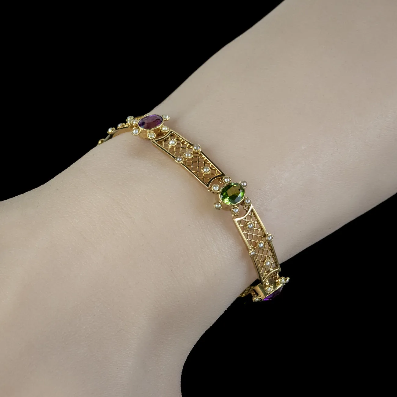 Antique Edwardian Suffragette Bracelet Amethyst Peridot Pearl Circa 1910