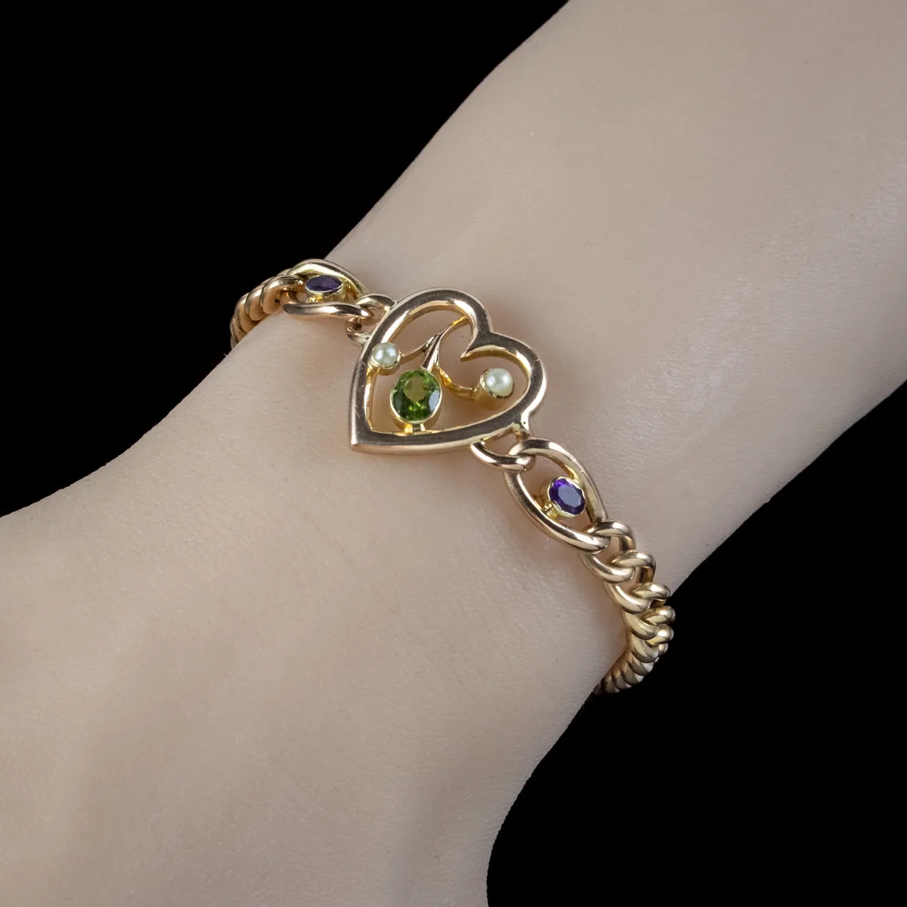 Antique Edwardian Suffragette Heart Bracelet 15ct Gold Circa 1910