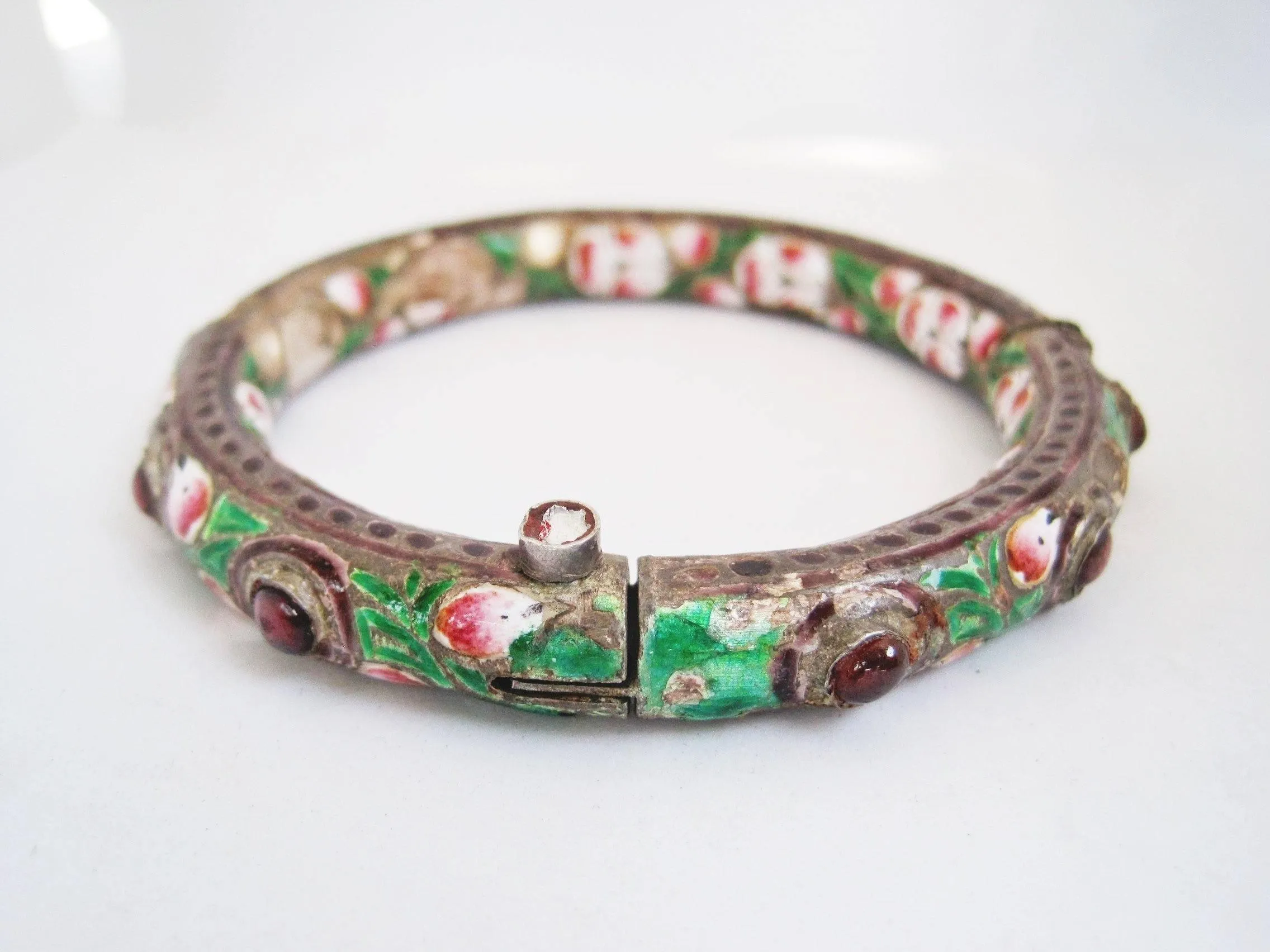 Antique Indian Enamel and Silver Bracelet or Kada