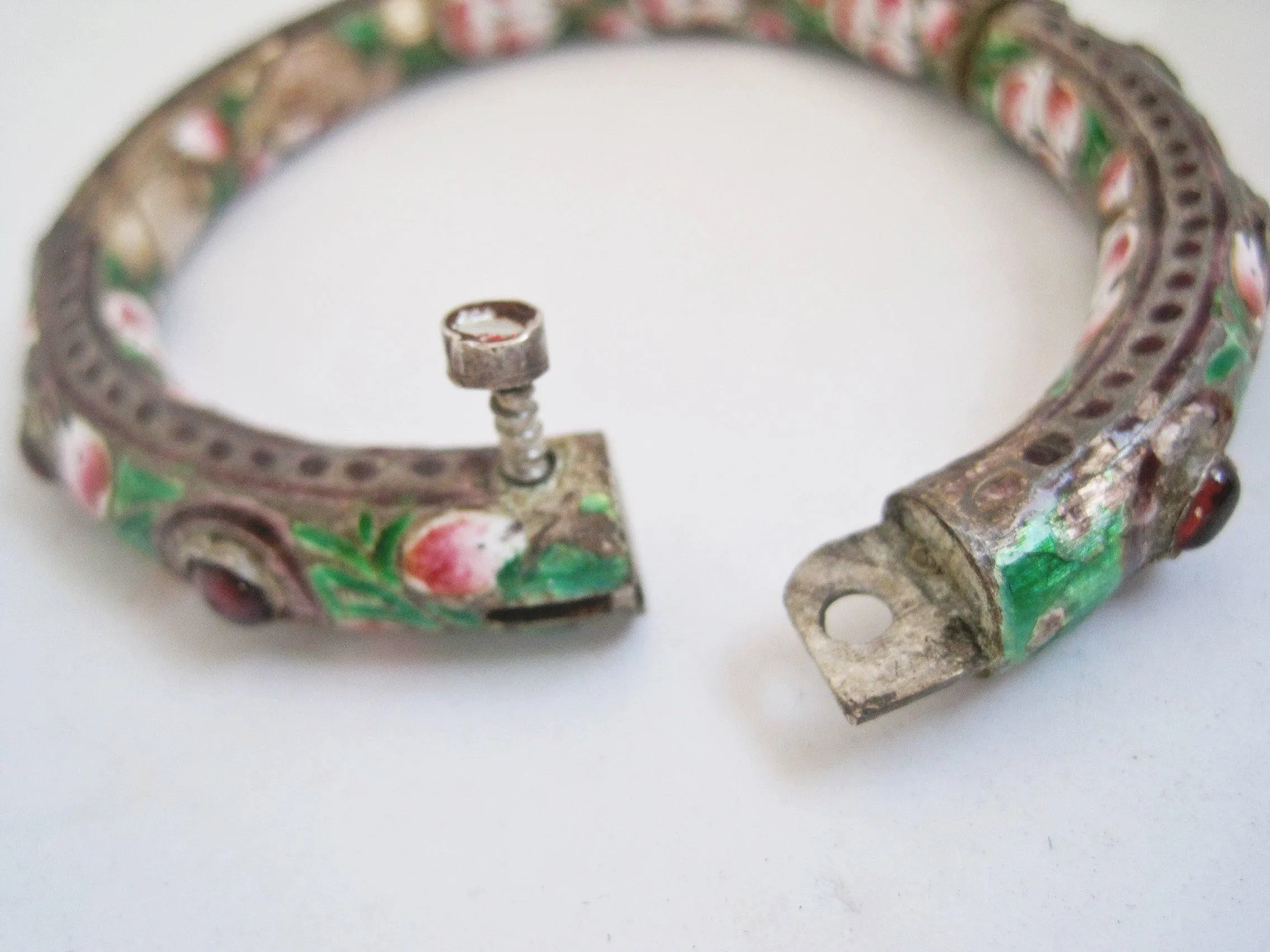 Antique Indian Enamel and Silver Bracelet or Kada