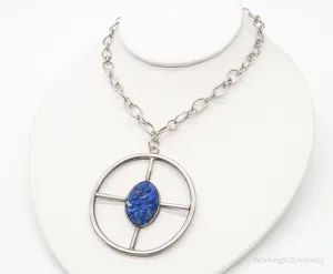 Antique Lapis Lazuli Modernist Style Large Pendant Silver Necklace