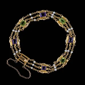 Antique Suffragette Bracelet Peridot Pearl Amethyst 15Ct Gold Circa 1918