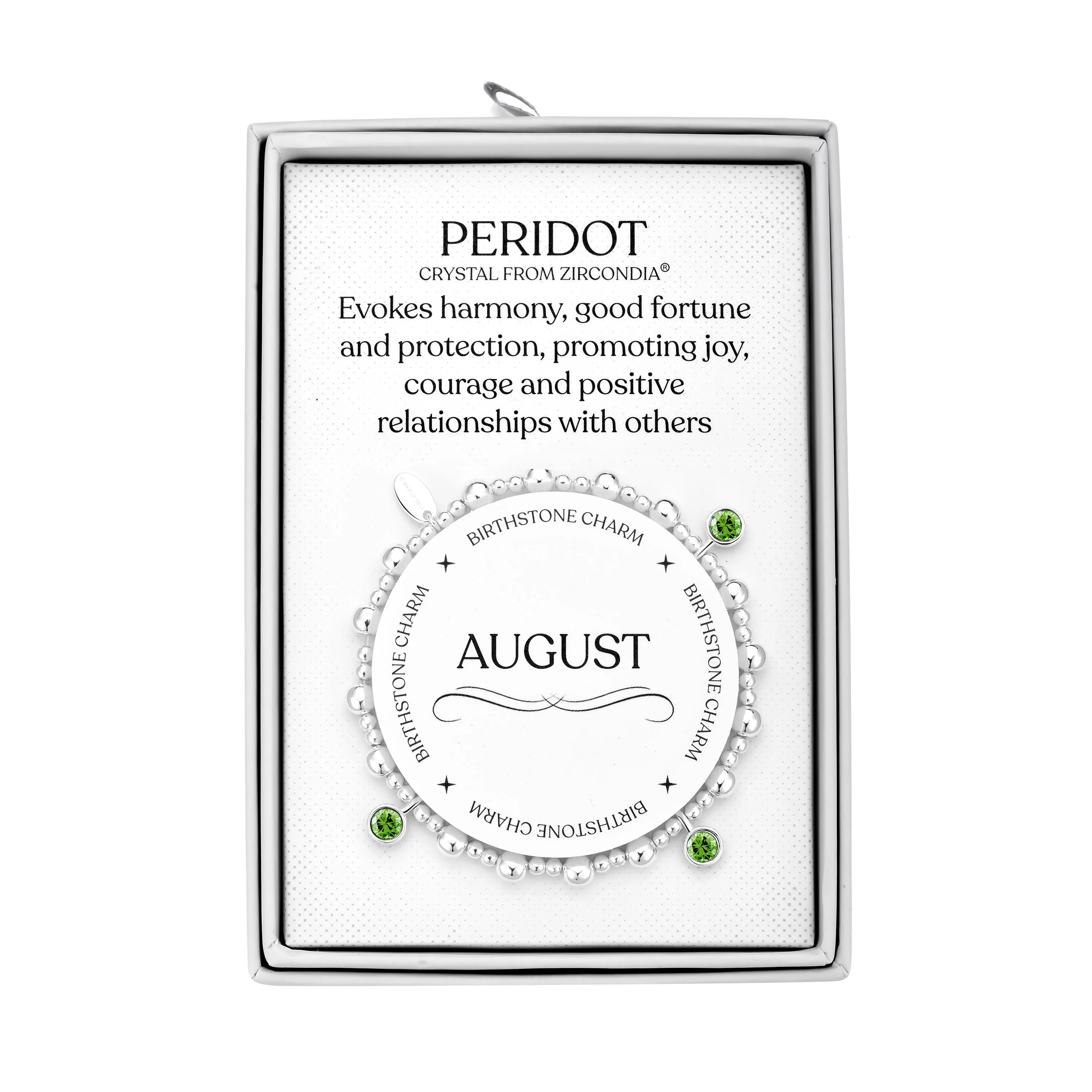 August (Peridot) Birthstone Stretch Charm Bracelet with Quote Gift Box