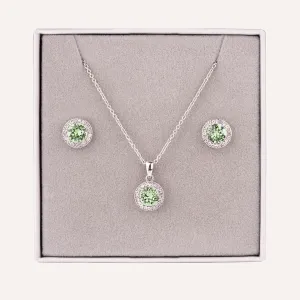 August Peridot-Colour Birthstone Necklace & Earring Set In Silver-Tone