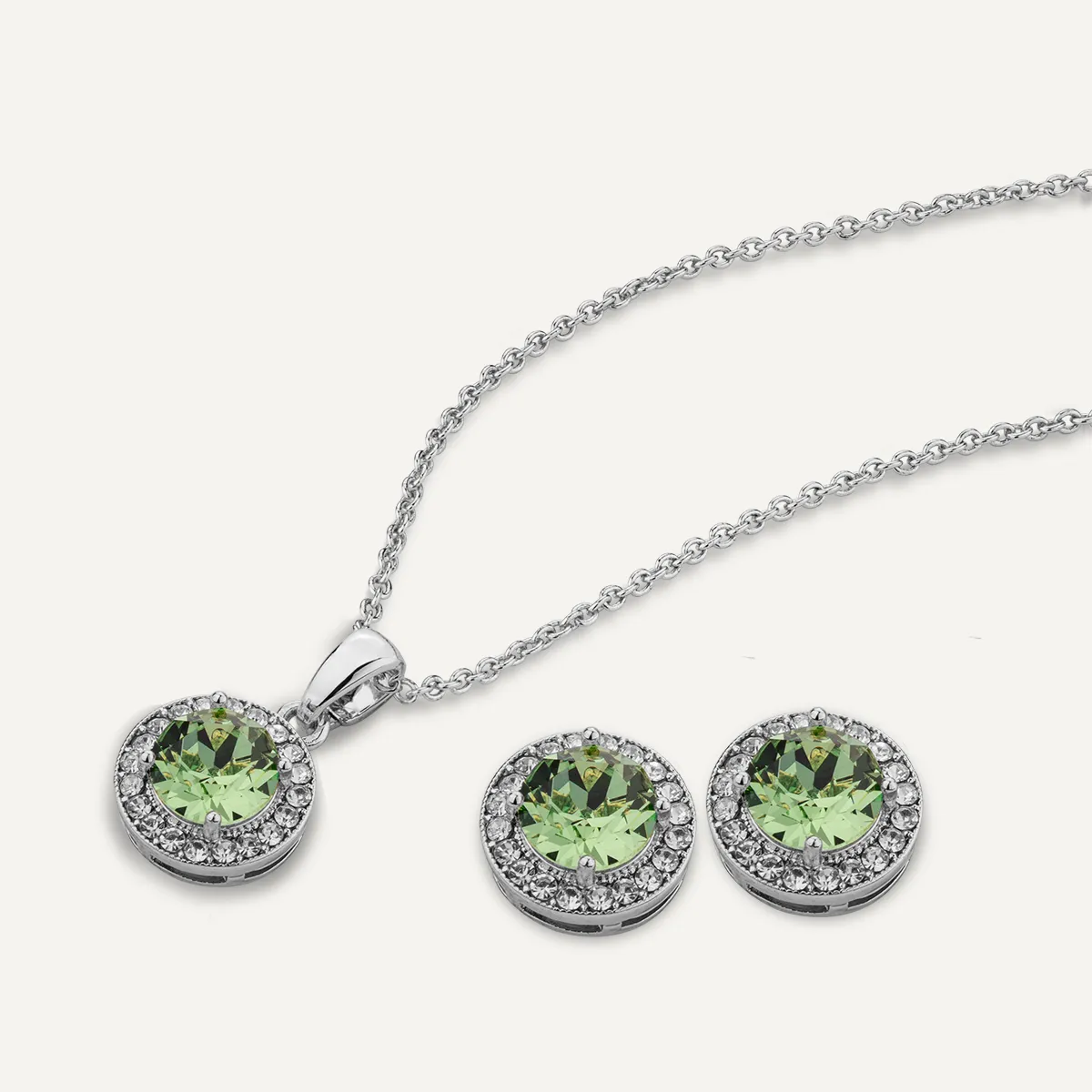 August Peridot-Colour Birthstone Necklace & Earring Set In Silver-Tone