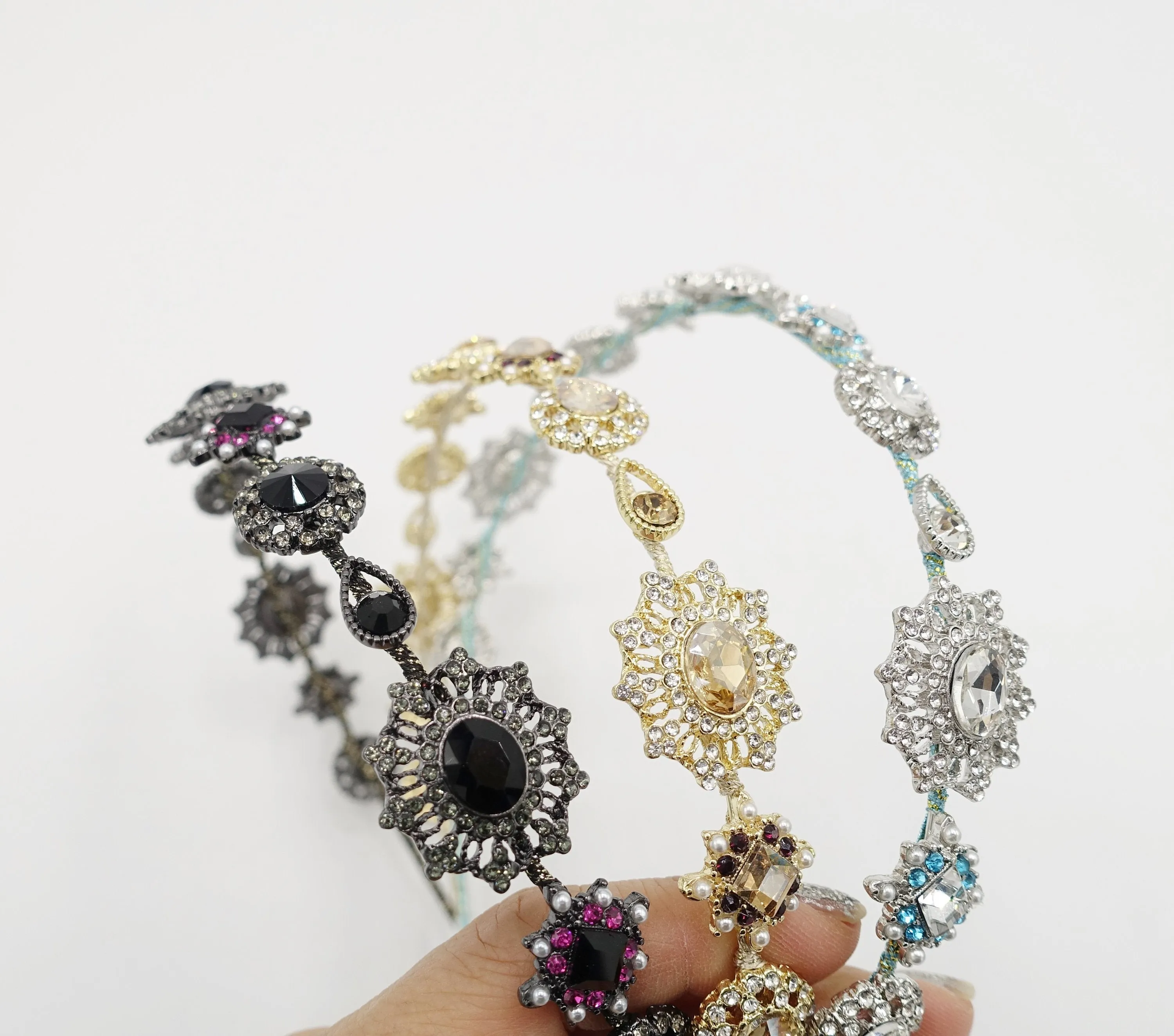 baroque pattern rhinestone embellished metal thin headband