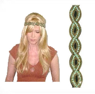 Beaded Boho Headband Turquoise & Gold Indian Seed Beads Braided Looking Tribal Hair Band