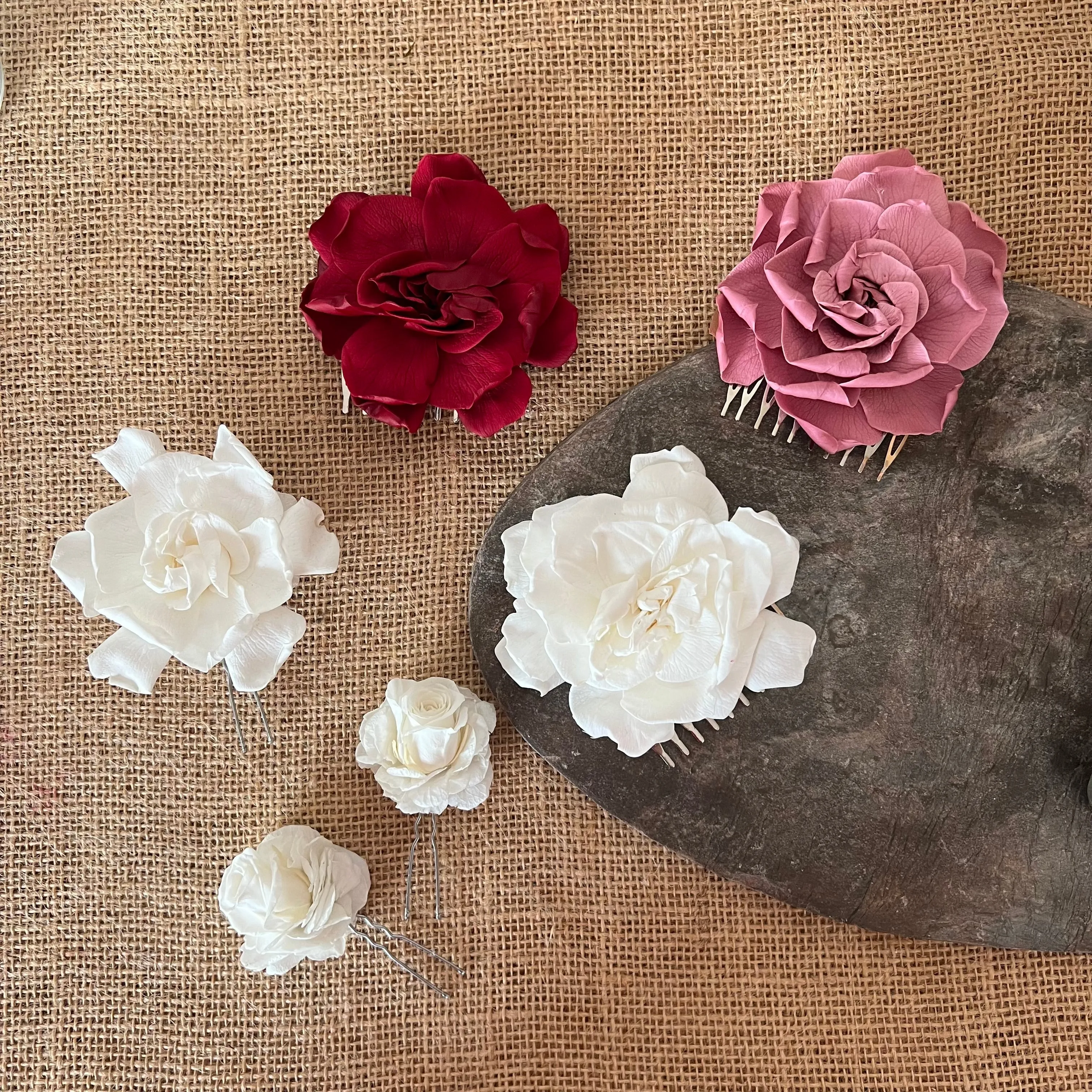 Big Rose Bridal Hair Comb White, Minimal Dried Flower Wedding Hair Piece, Boho Bridal Hair Pins Slides Burgundy Vintage Pink Gold Silver