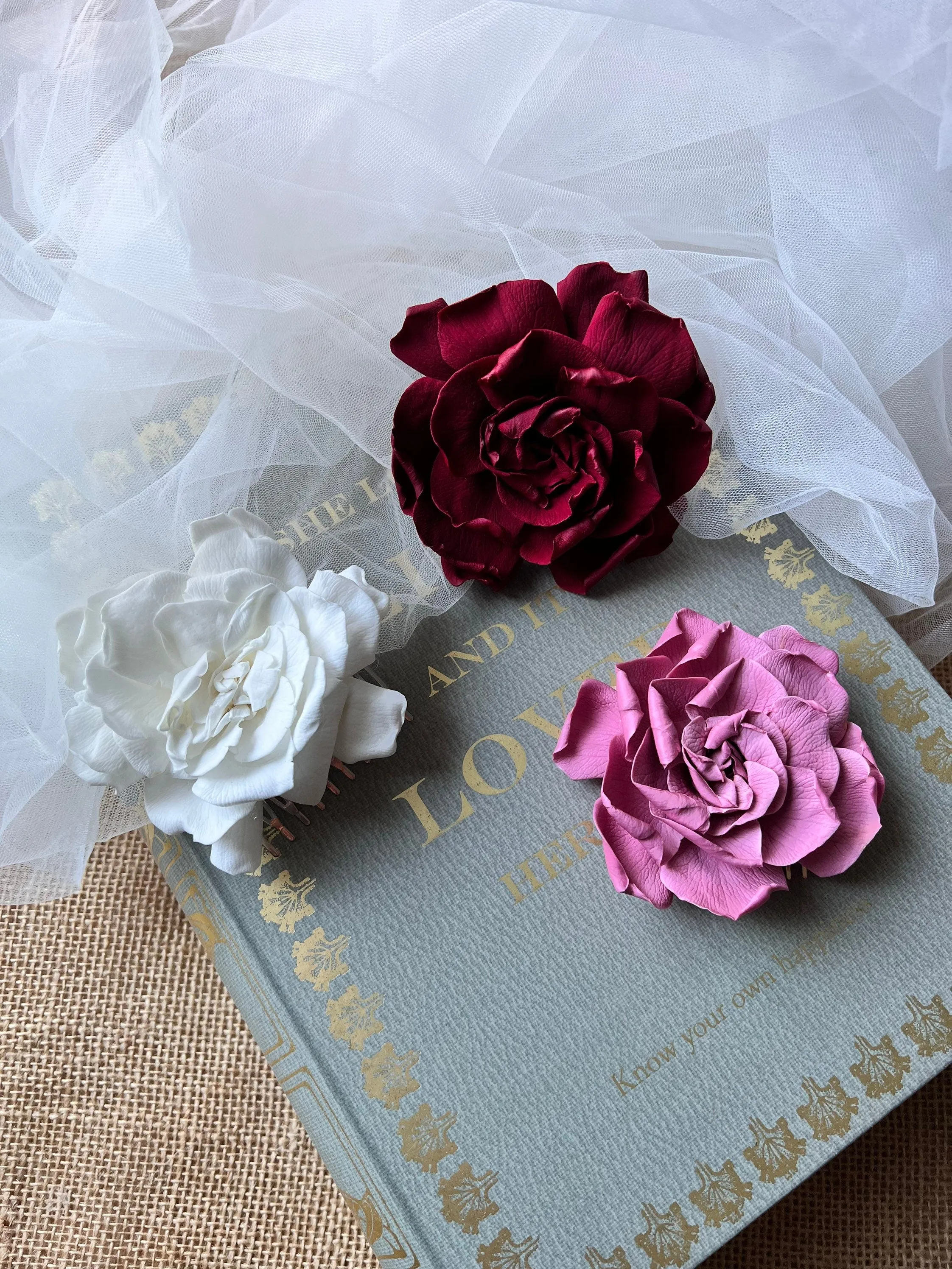 Big Rose Bridal Hair Comb White, Minimal Dried Flower Wedding Hair Piece, Boho Bridal Hair Pins Slides Burgundy Vintage Pink Gold Silver