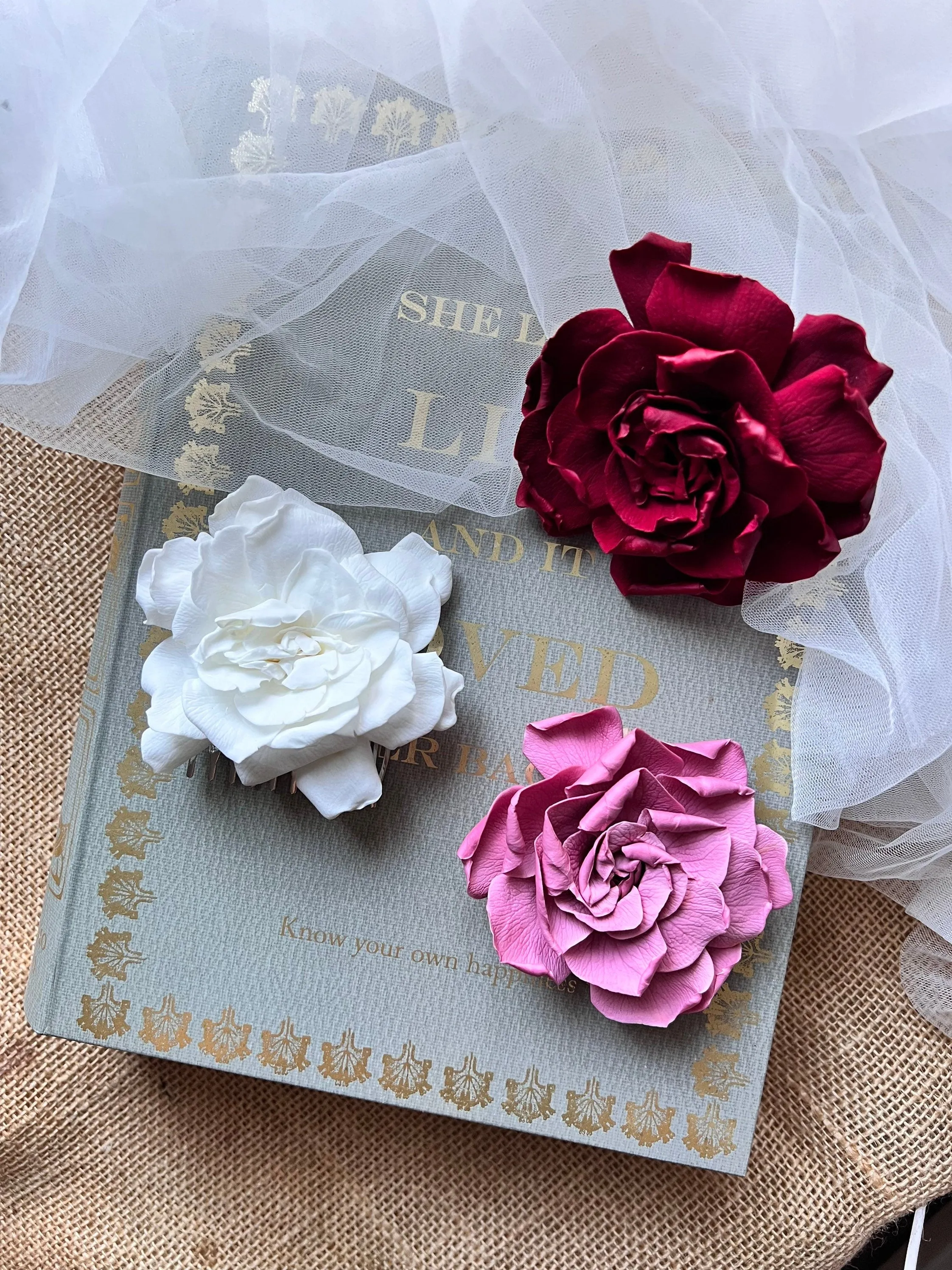 Big Rose Bridal Hair Comb White, Minimal Dried Flower Wedding Hair Piece, Boho Bridal Hair Pins Slides Burgundy Vintage Pink Gold Silver