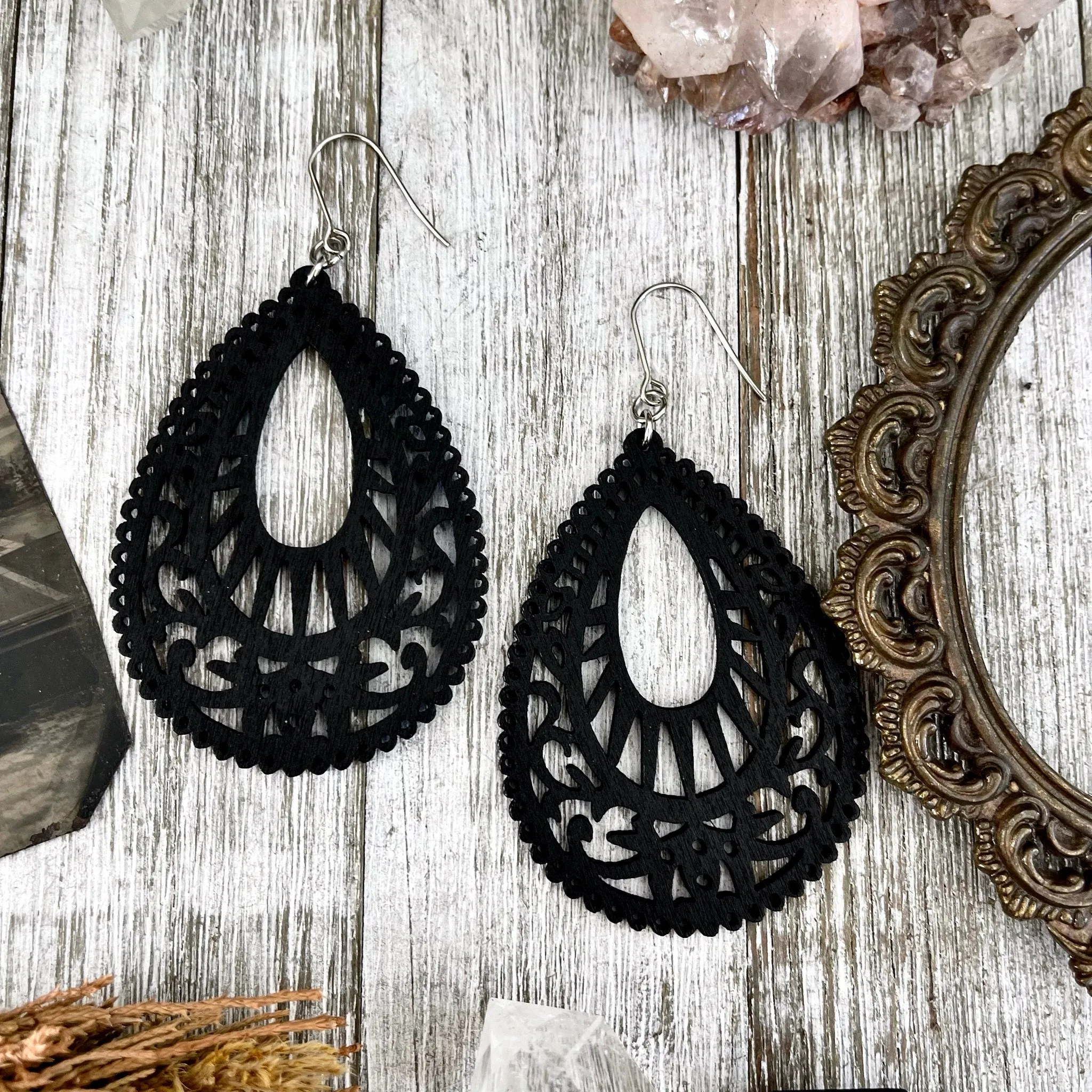 Black laser Cut Wooden Earrings  / Stainless Steel Long Dangly Bohemian Earrings