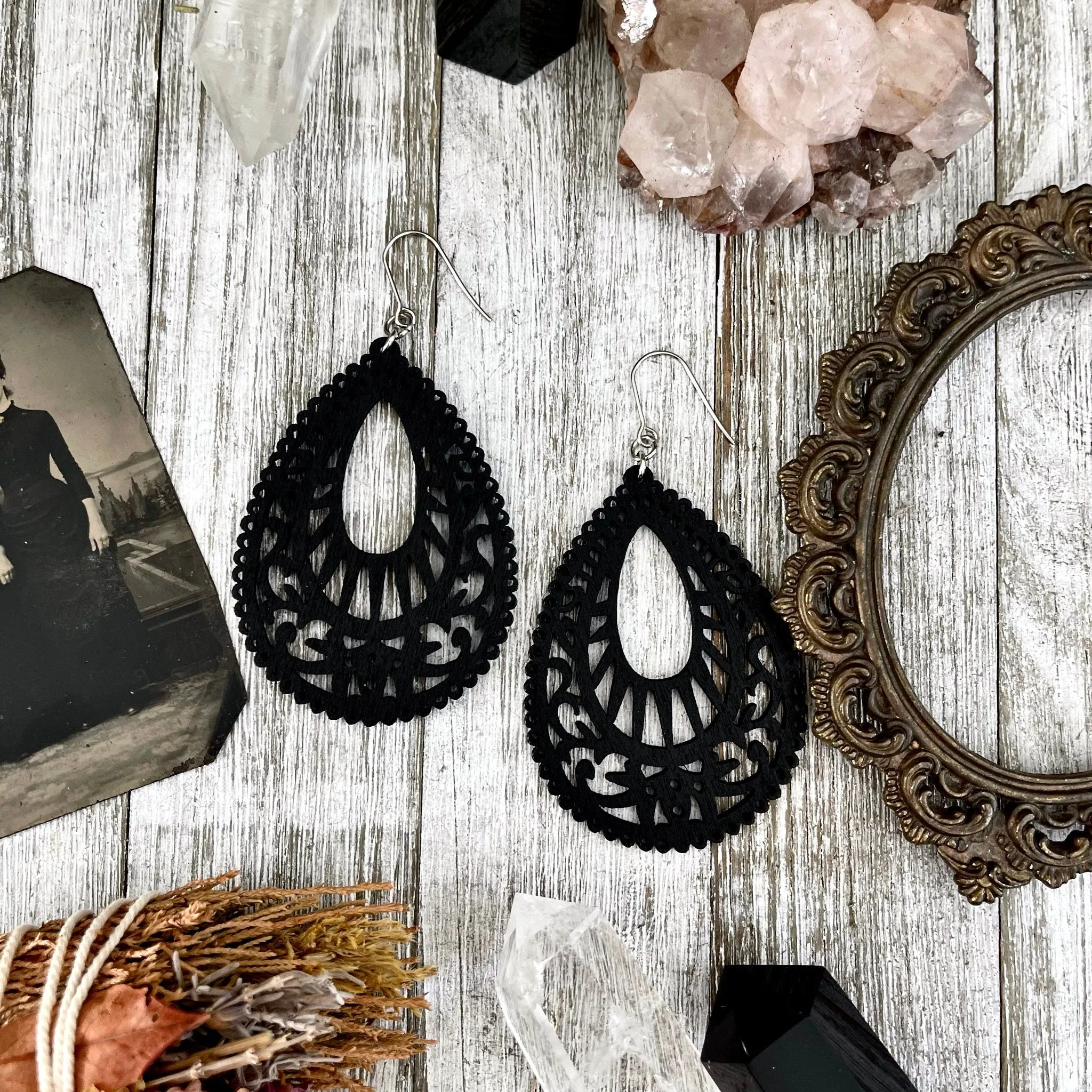 Black laser Cut Wooden Earrings  / Stainless Steel Long Dangly Bohemian Earrings