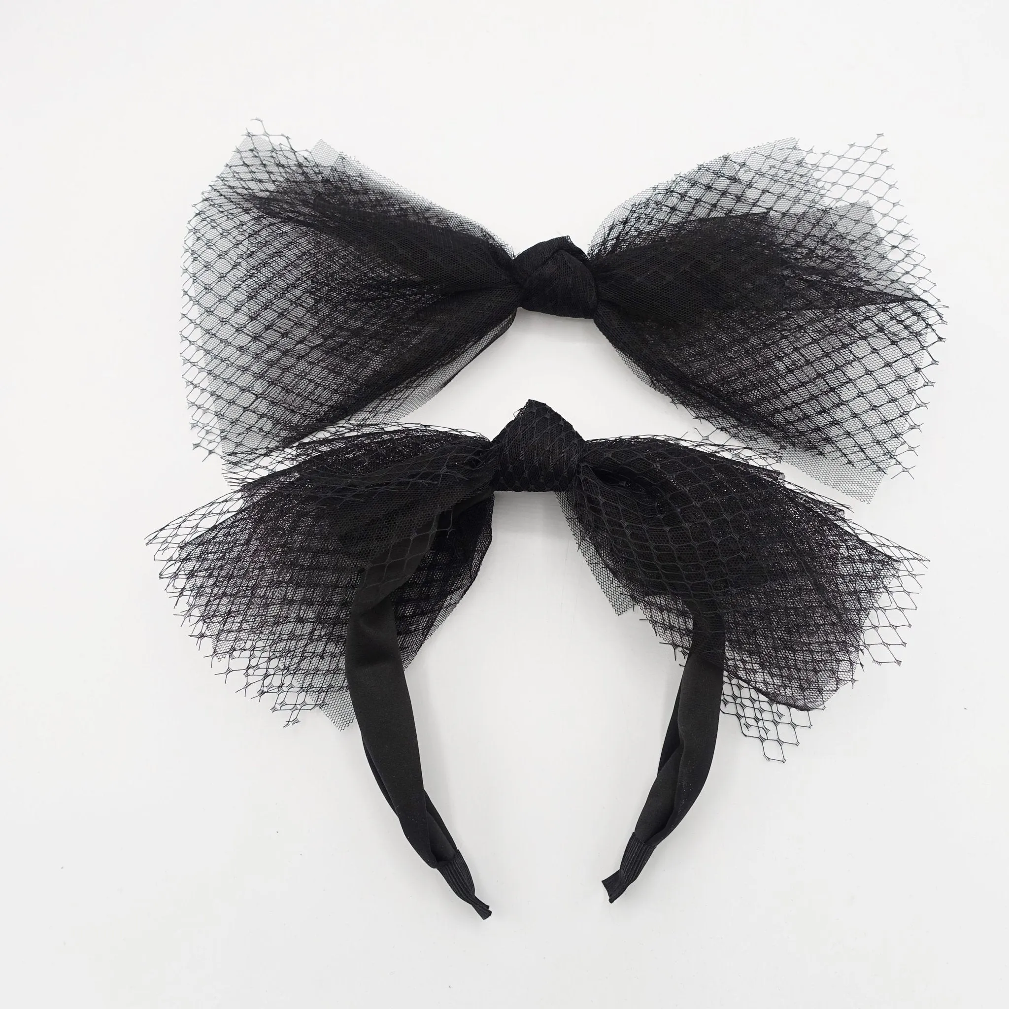 black mesh tulle hair bow voluminous veil bow knot headband fascinator hair accessory for women