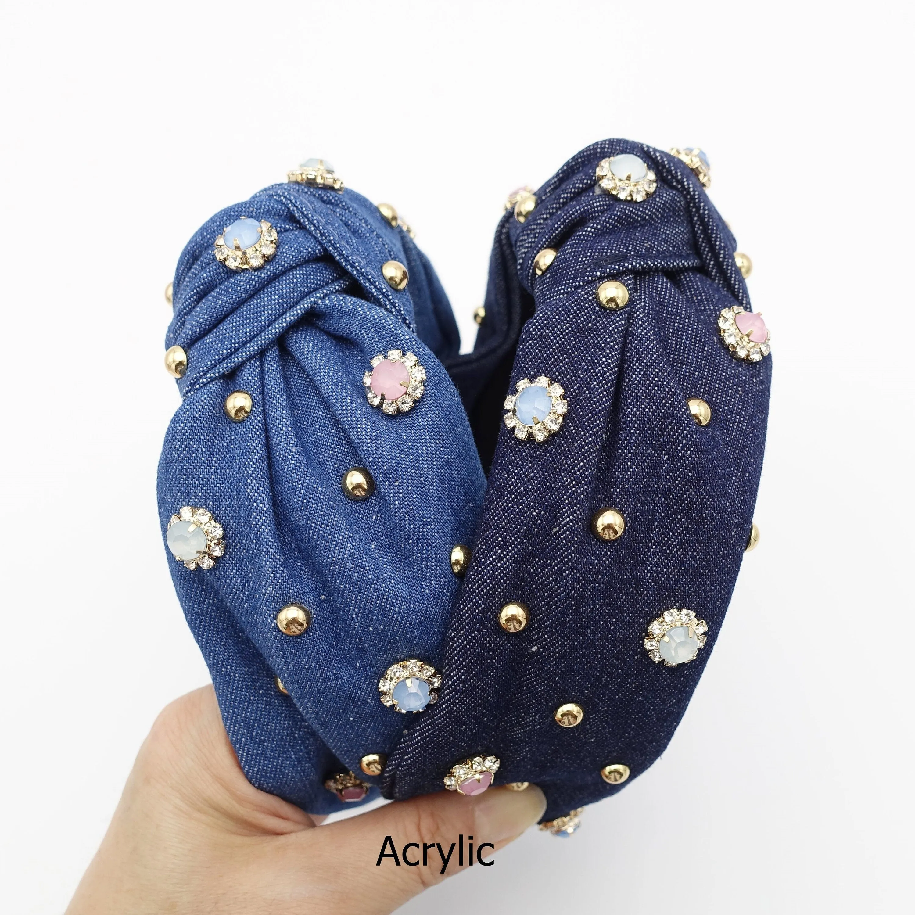 Blue Garden denim embellished headband rhinestone stud decorated knot hairband women hair accessory