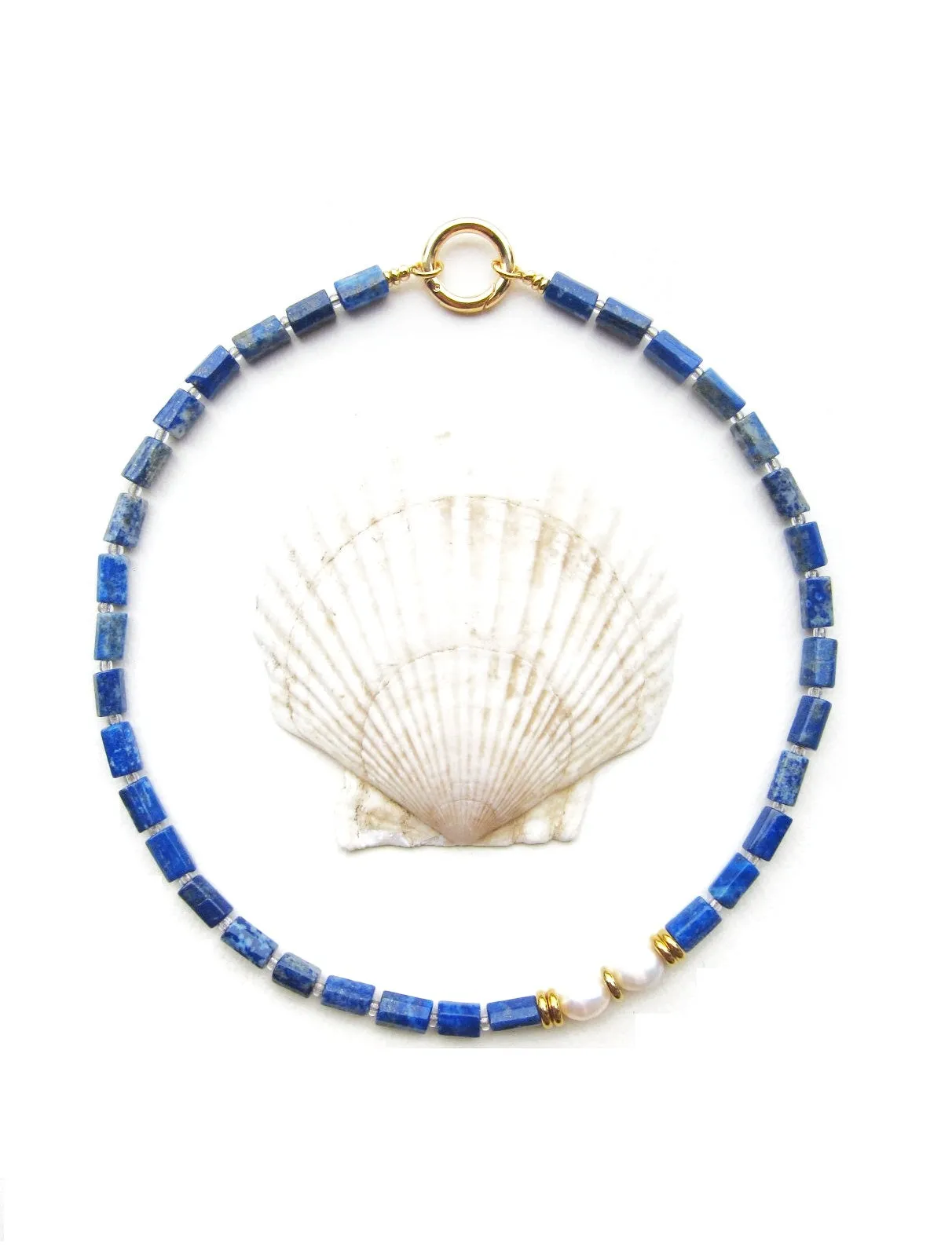 Blue Lapis Lazuli and Baroque Freshwater Pearl Necklace in 18K findings