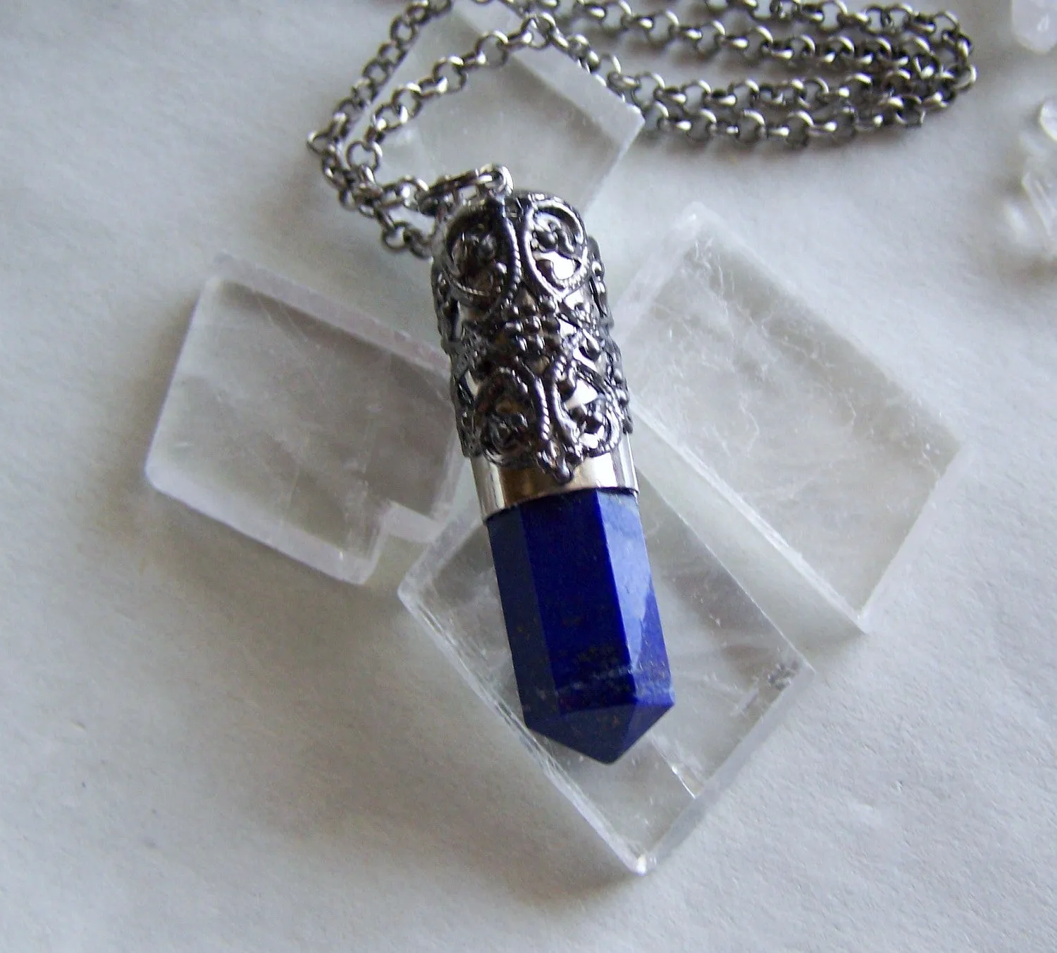 Blue Lapis Lazuli Filigree Bullet Jewelry Pendant Necklace