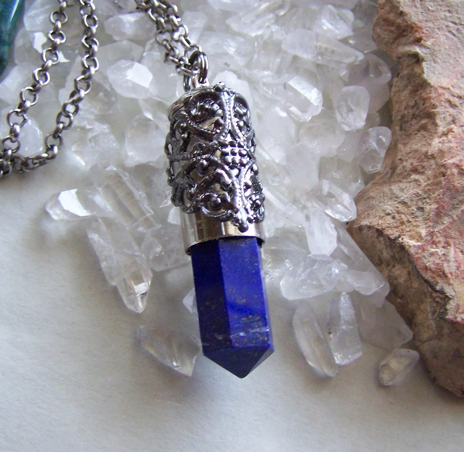 Blue Lapis Lazuli Filigree Bullet Jewelry Pendant Necklace