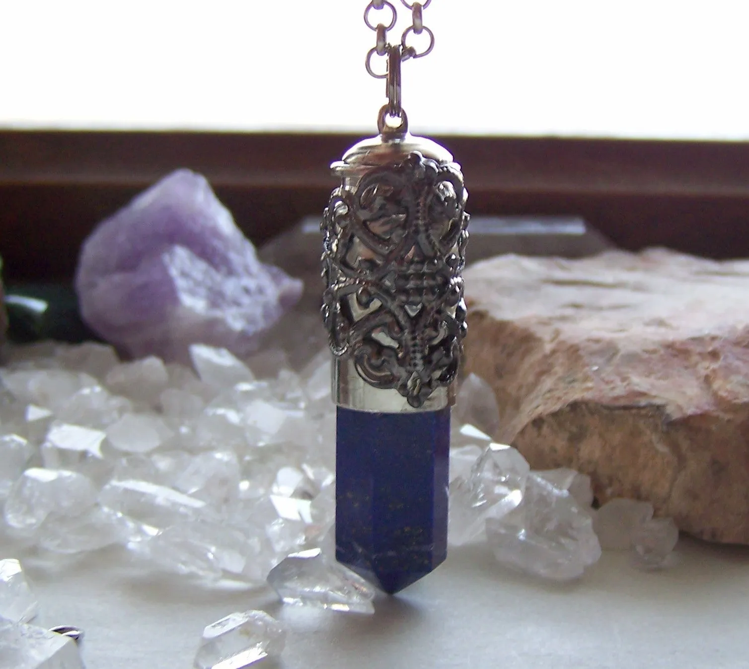 Blue Lapis Lazuli Filigree Bullet Jewelry Pendant Necklace