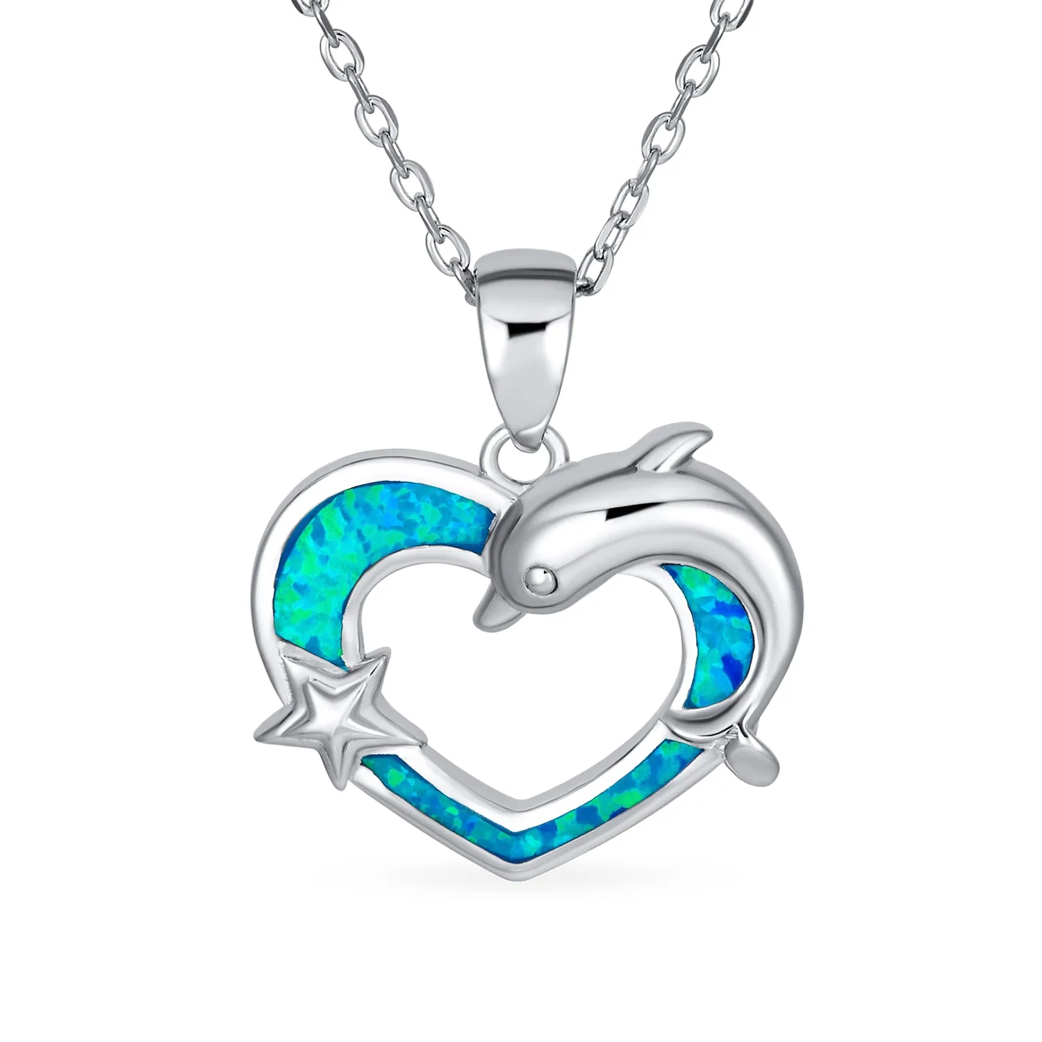 Blue Opal Nautical Dolphin Family Pendant Necklace 925 Sterling Silver