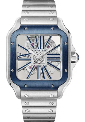 Cartier Santos de Cartier Watch - 39.8 mm Steel Case - Skeleton Dial - Steel Bracelet and Second Dark Blue Rubber Strap - WHSA0026