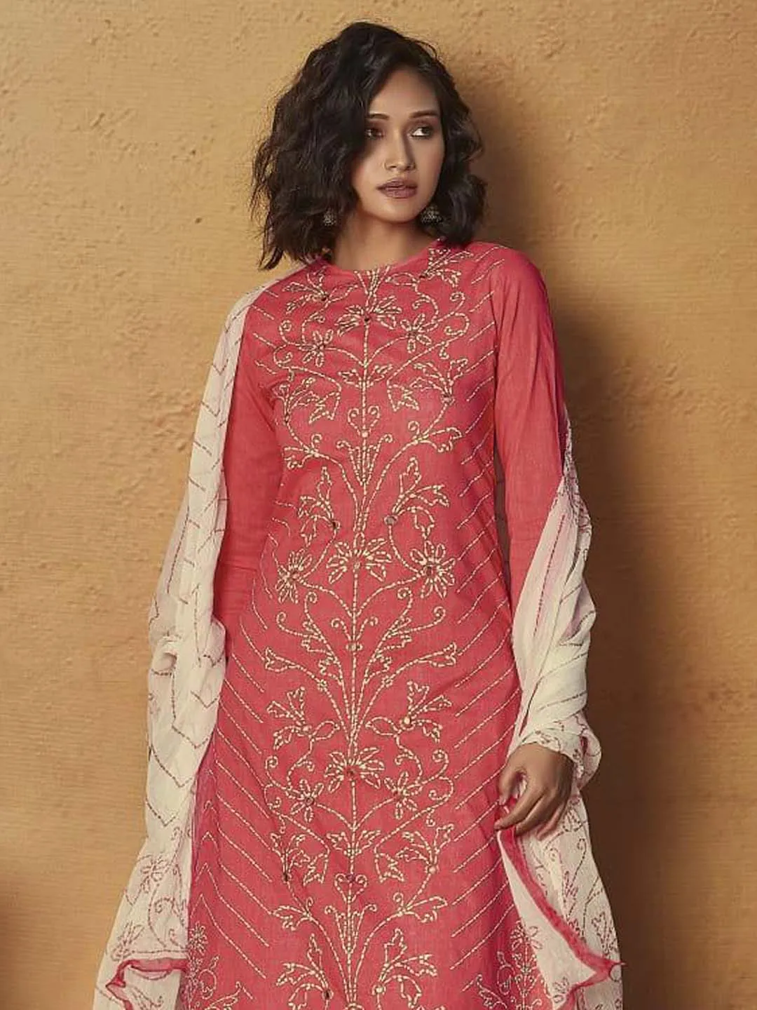 Chic Pink Cotton Digital Print Unstitched Mirror Work Suit