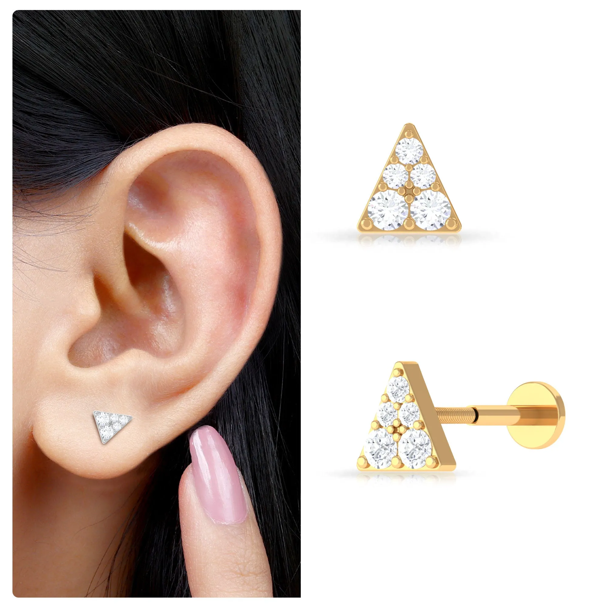 Dainty Moissanite Gold Triangle Earring for Cartilage Piercing