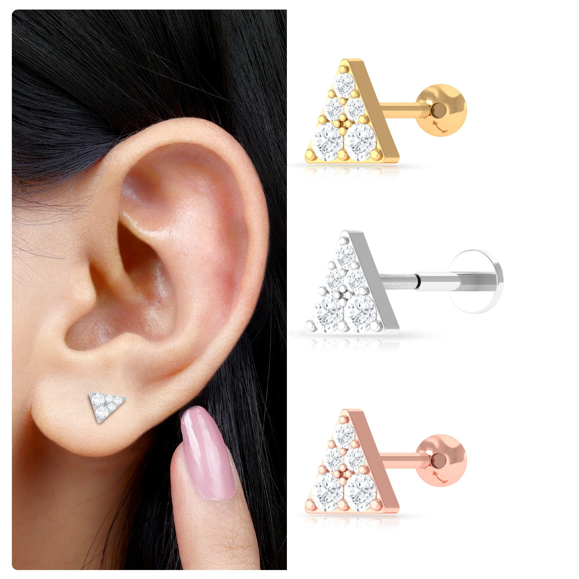 Dainty Moissanite Gold Triangle Earring for Cartilage Piercing