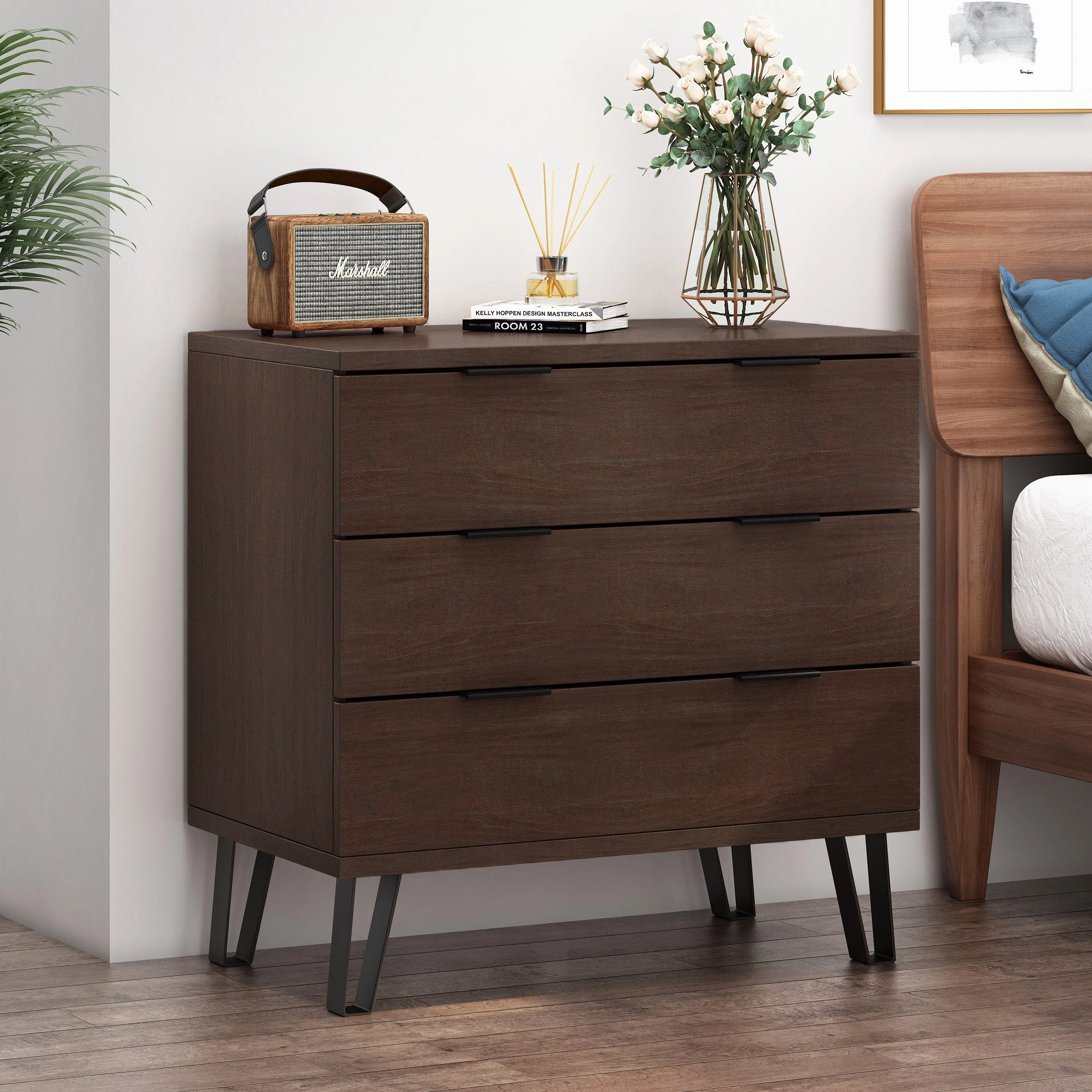 Demijen Modern Industrial 3 Drawer Wide Dresser, Walnut and Matte Black