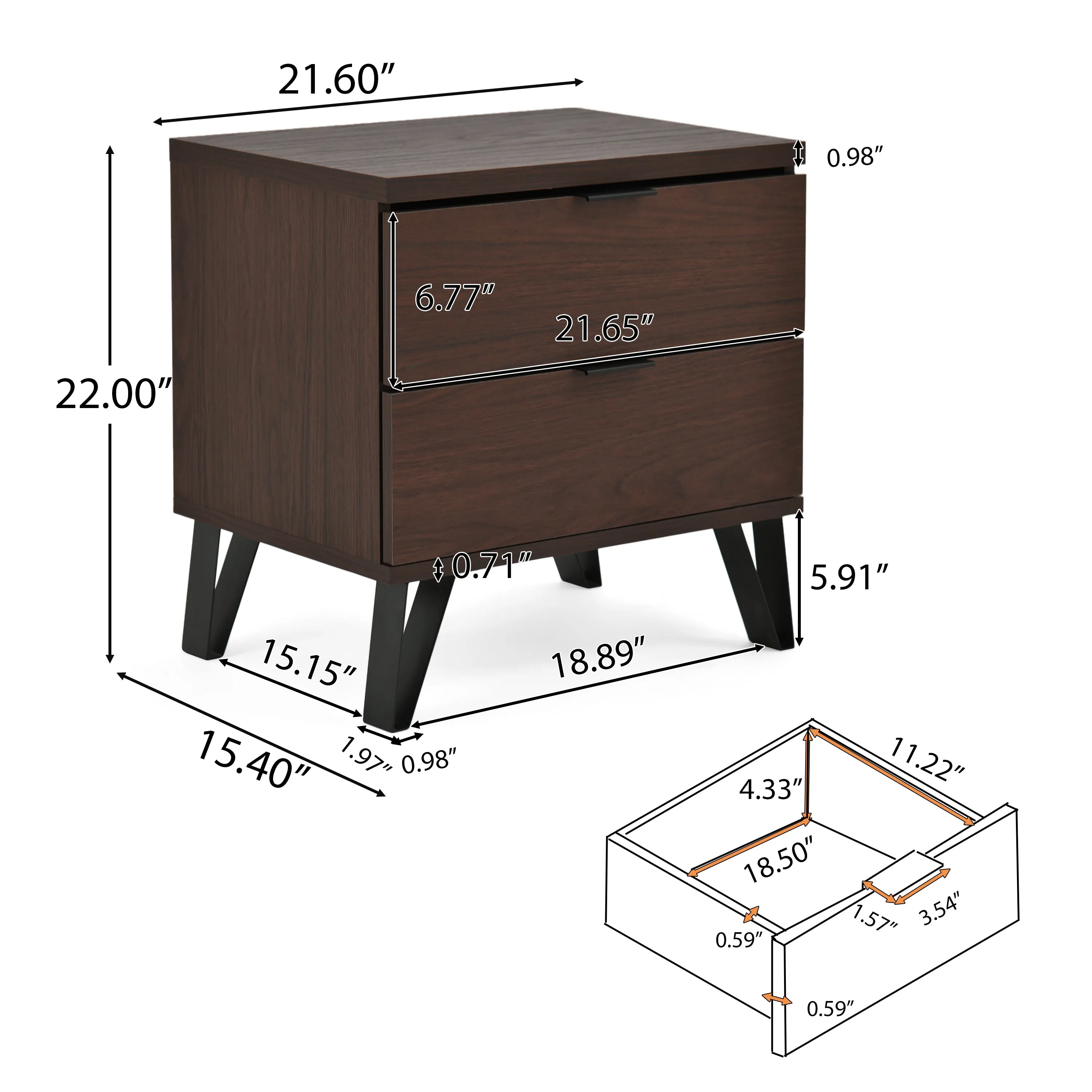 Demijen Modern Industrial 6 Piece Bedroom Set with Wide 5 Drawer Dresser, Walnut and Matte Black