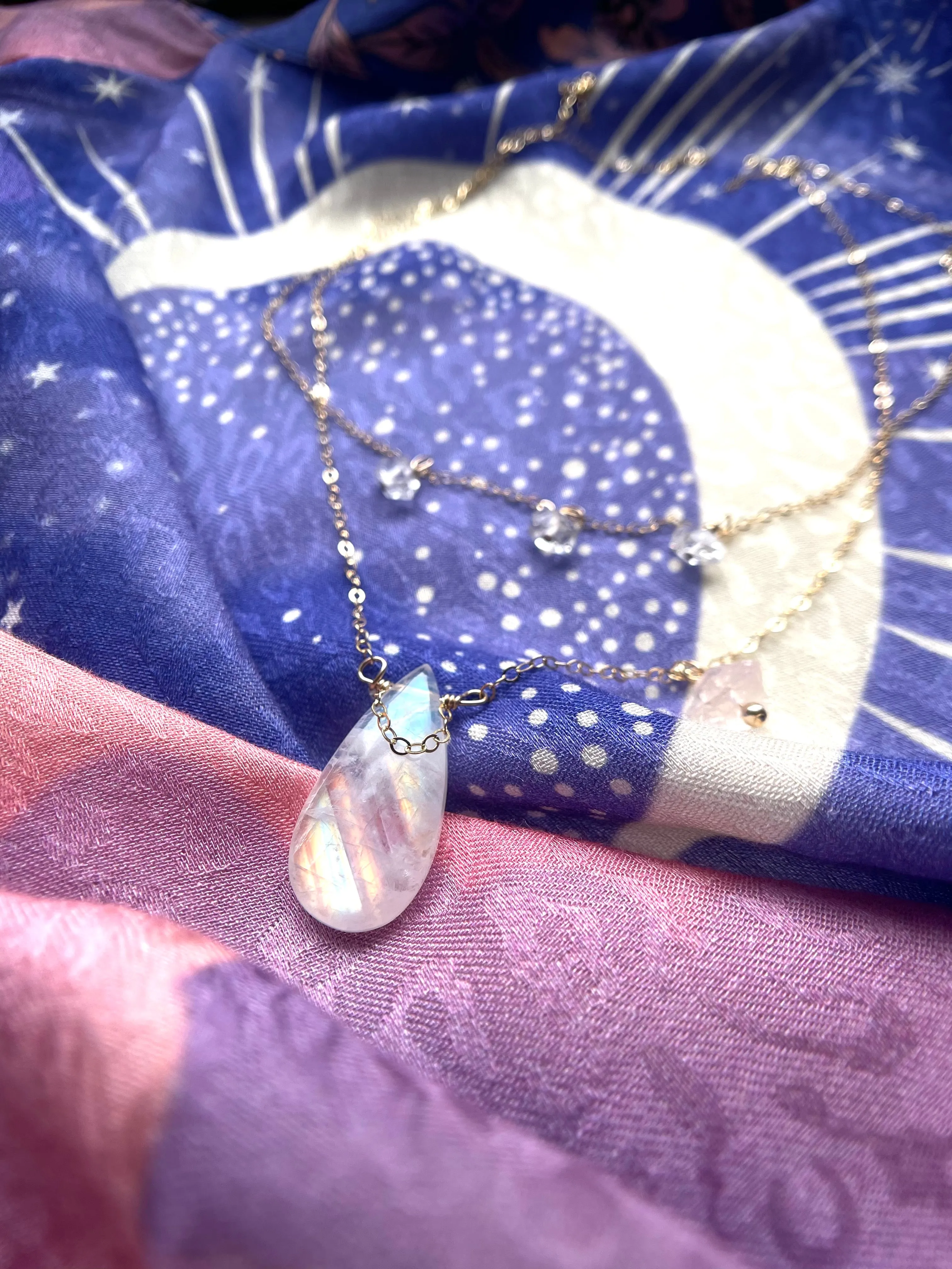 Devine Feminine Jewelry Set Rainbow Moonstone Rose Quartz and Herkimer Diamonds