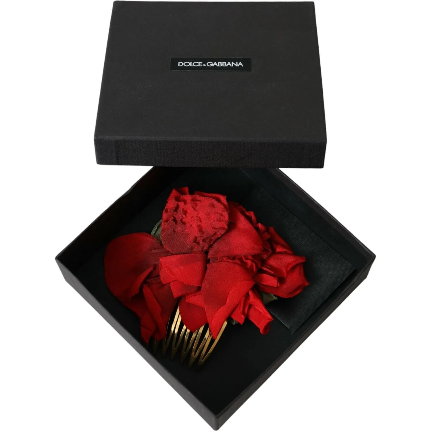 Dolce & Gabbana Red Silk Floral Gold Brass Women Hair Comb