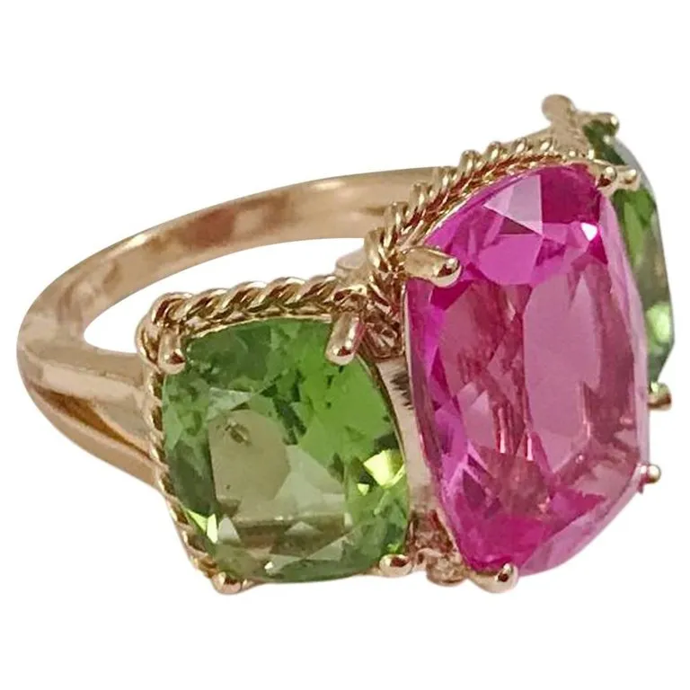 Elegant Three-Stone Ring with Gold Rope Twist Border with Blue Topaz and Peridot