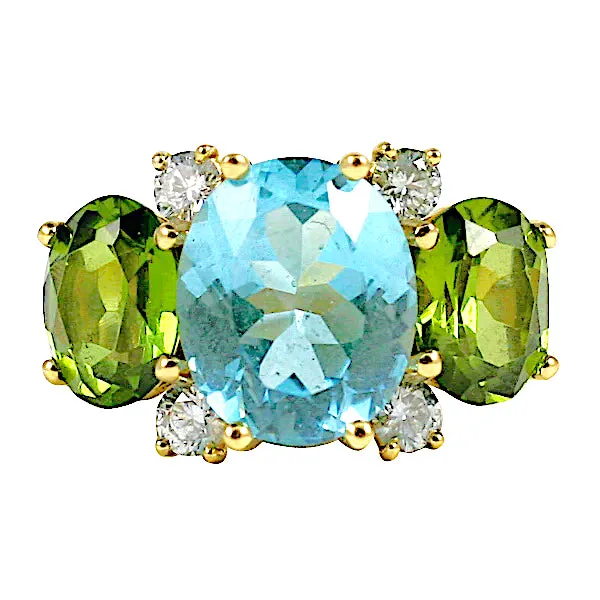 Elegant Three-Stone Ring with Gold Rope Twist Border with Blue Topaz and Peridot