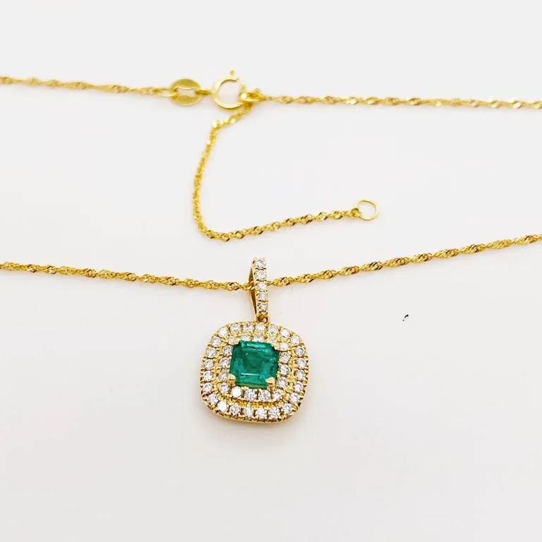 Emerald Double Diamond Halo Pendant