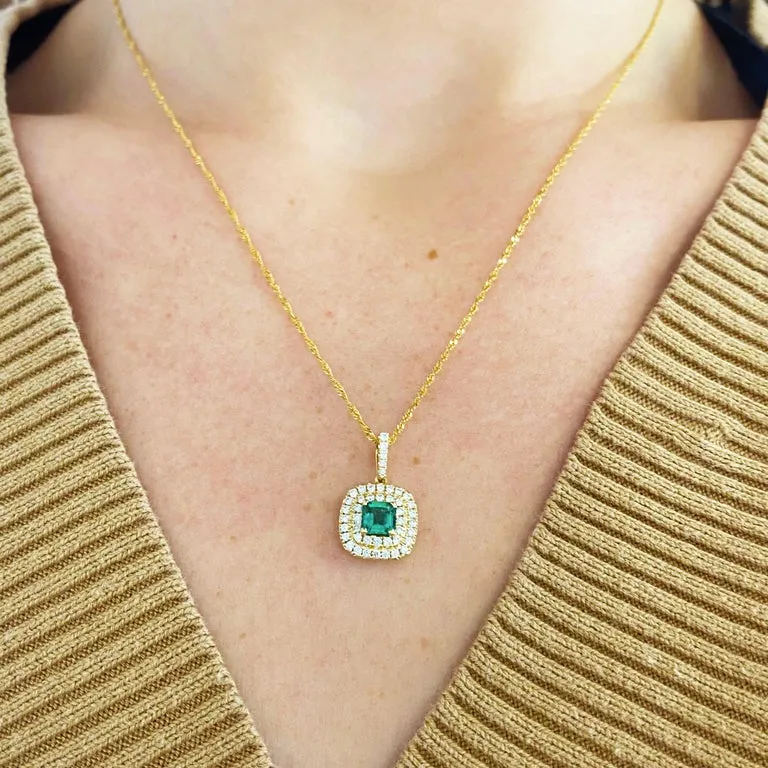 Emerald Double Diamond Halo Pendant