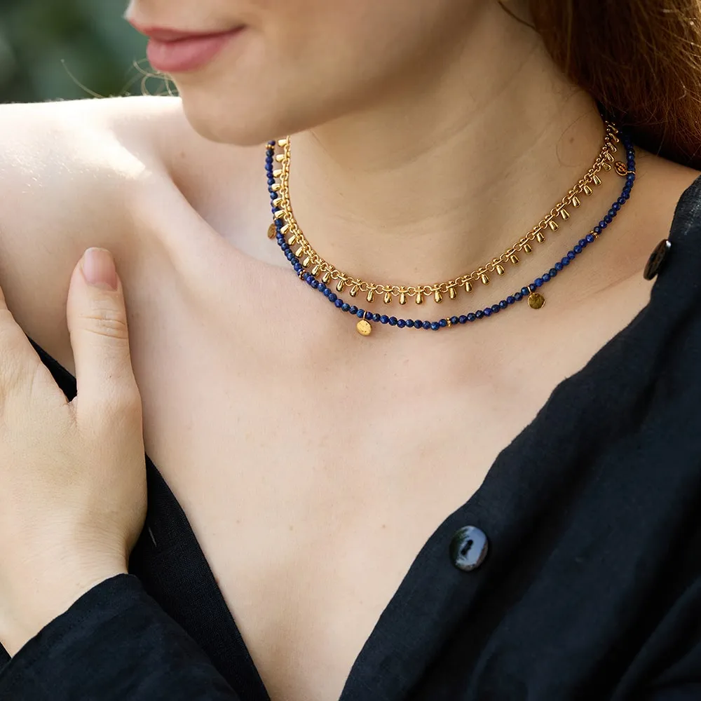 Eva Lapis Lazuli Reversible Necklace with gold discs