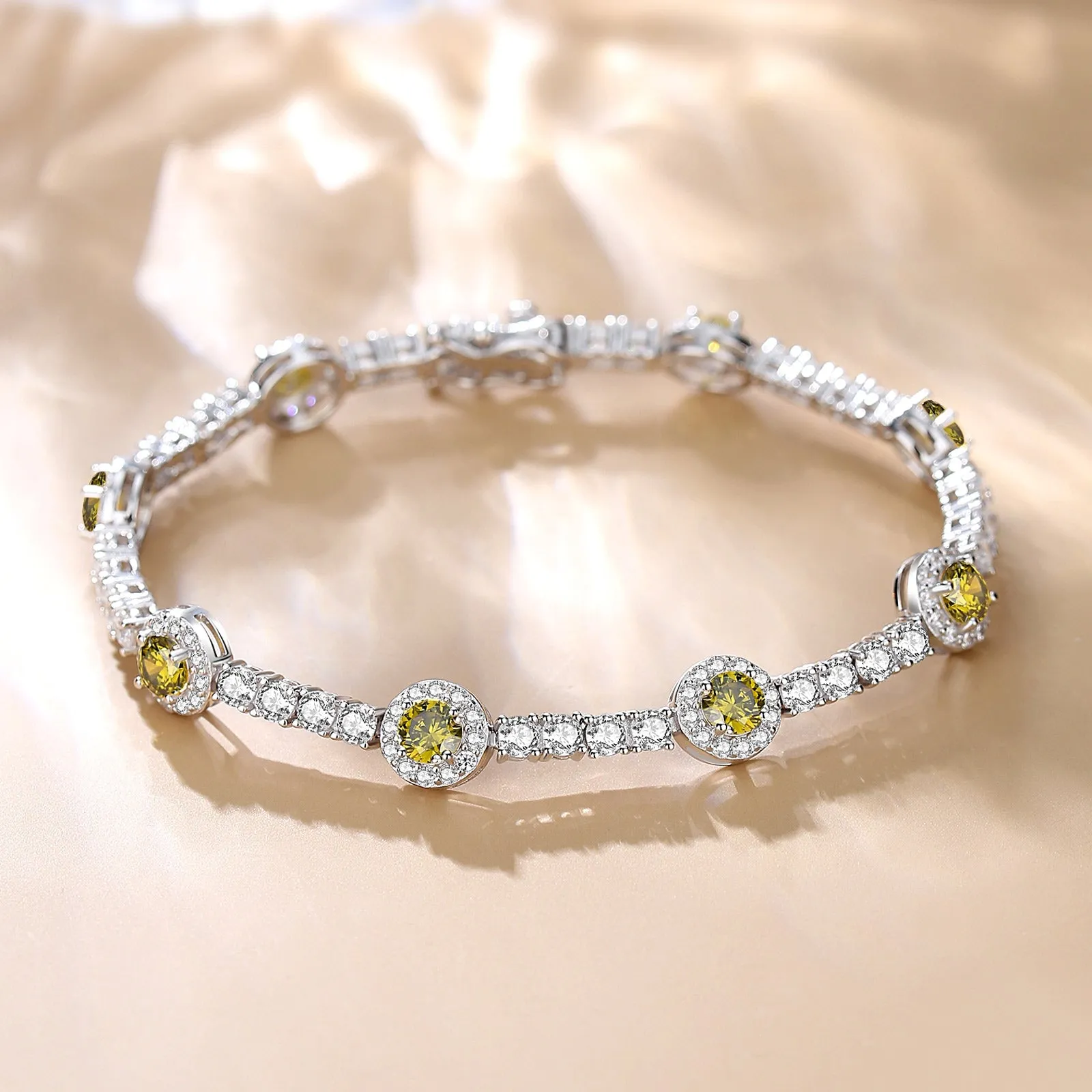 FANCIME "Noble Allure" August Birthstone Peridot Station Tennis Sterling Silver Bracelet