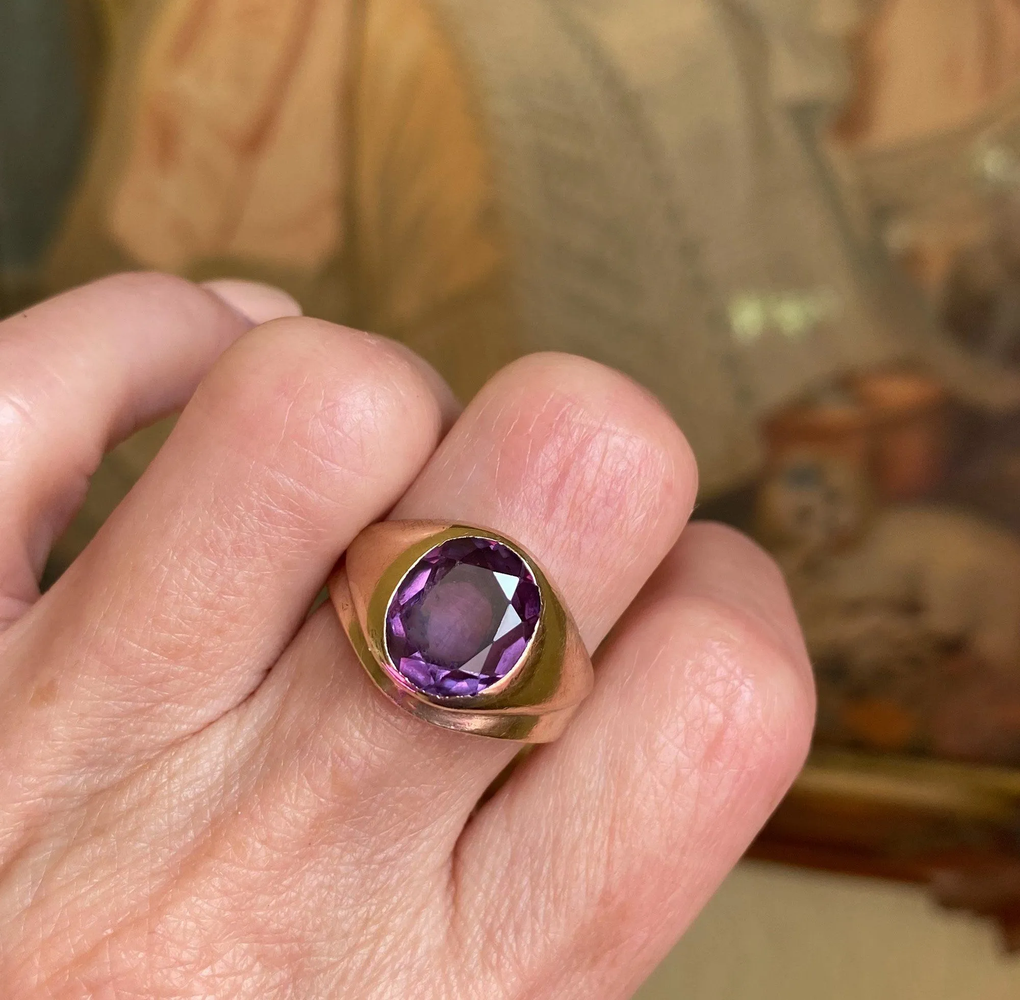 Fine Art Deco Color Change Sapphire Signet Ring, Sz 8.25