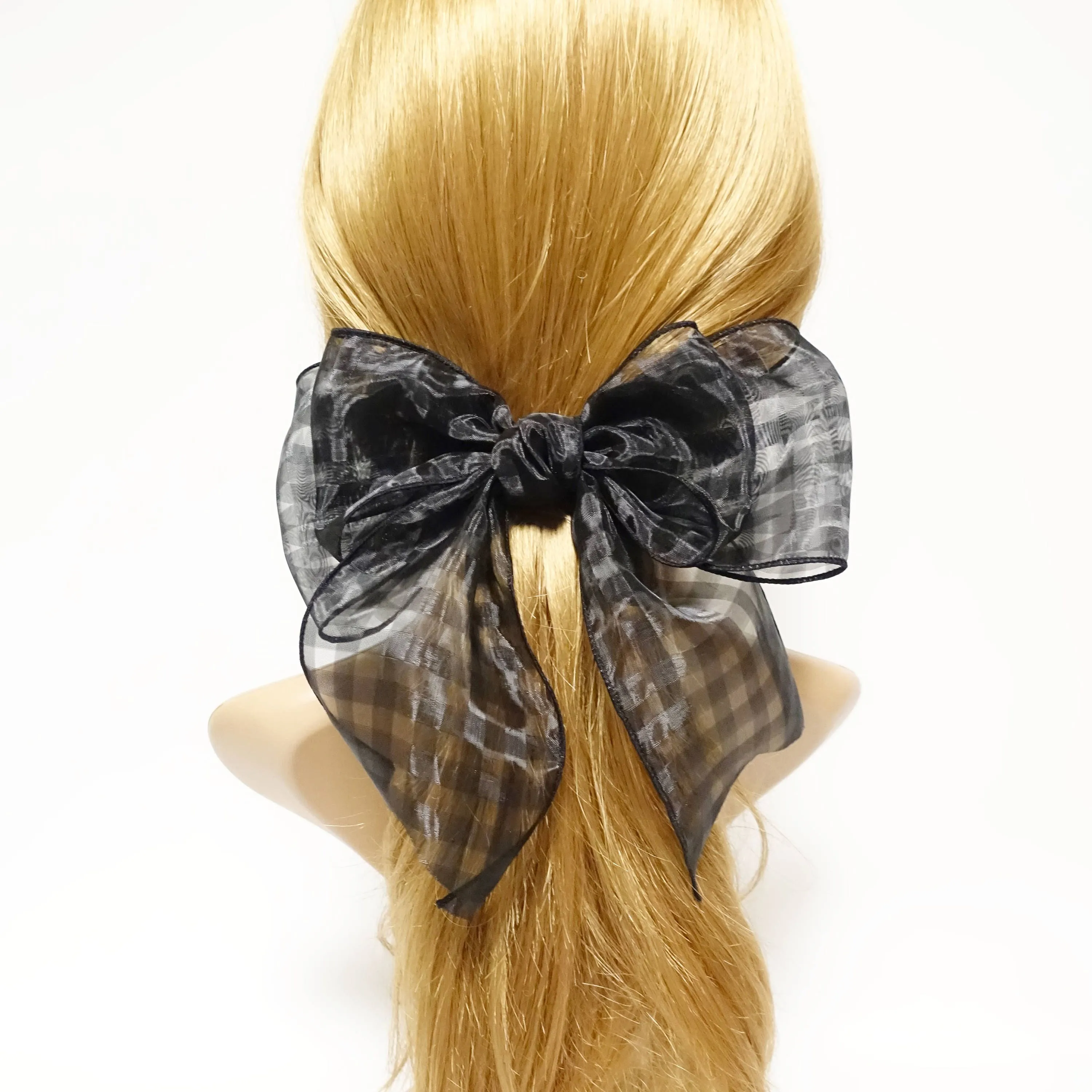 Fine Mesh organdy Solid Check Big Bow French Hair Barrette for Women