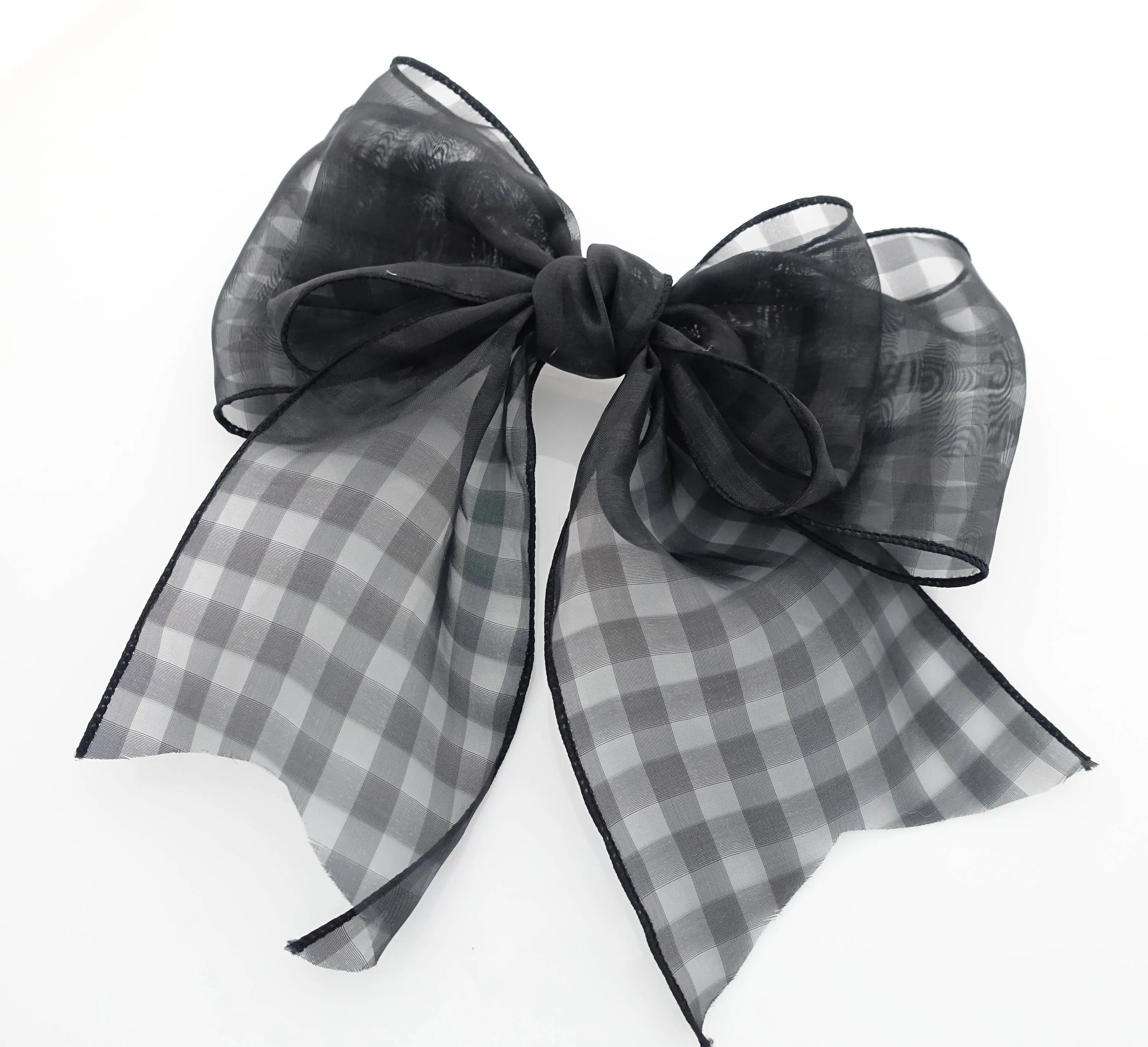 Fine Mesh organdy Solid Check Big Bow French Hair Barrette for Women