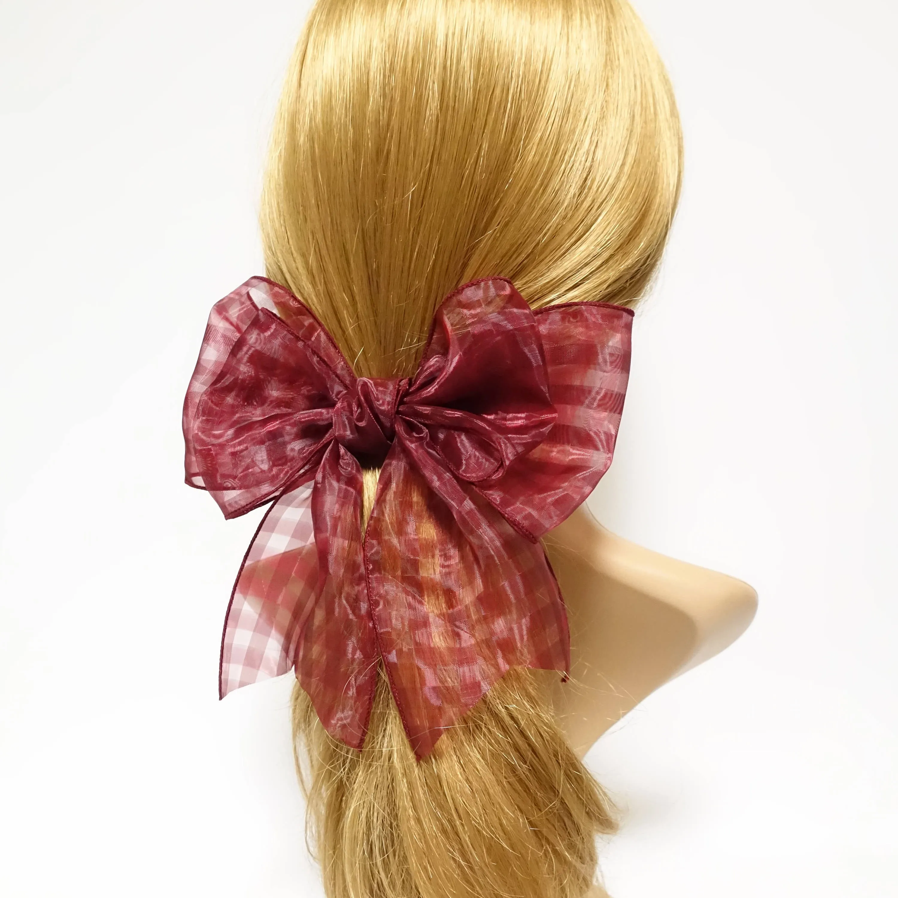 Fine Mesh organdy Solid Check Big Bow French Hair Barrette for Women