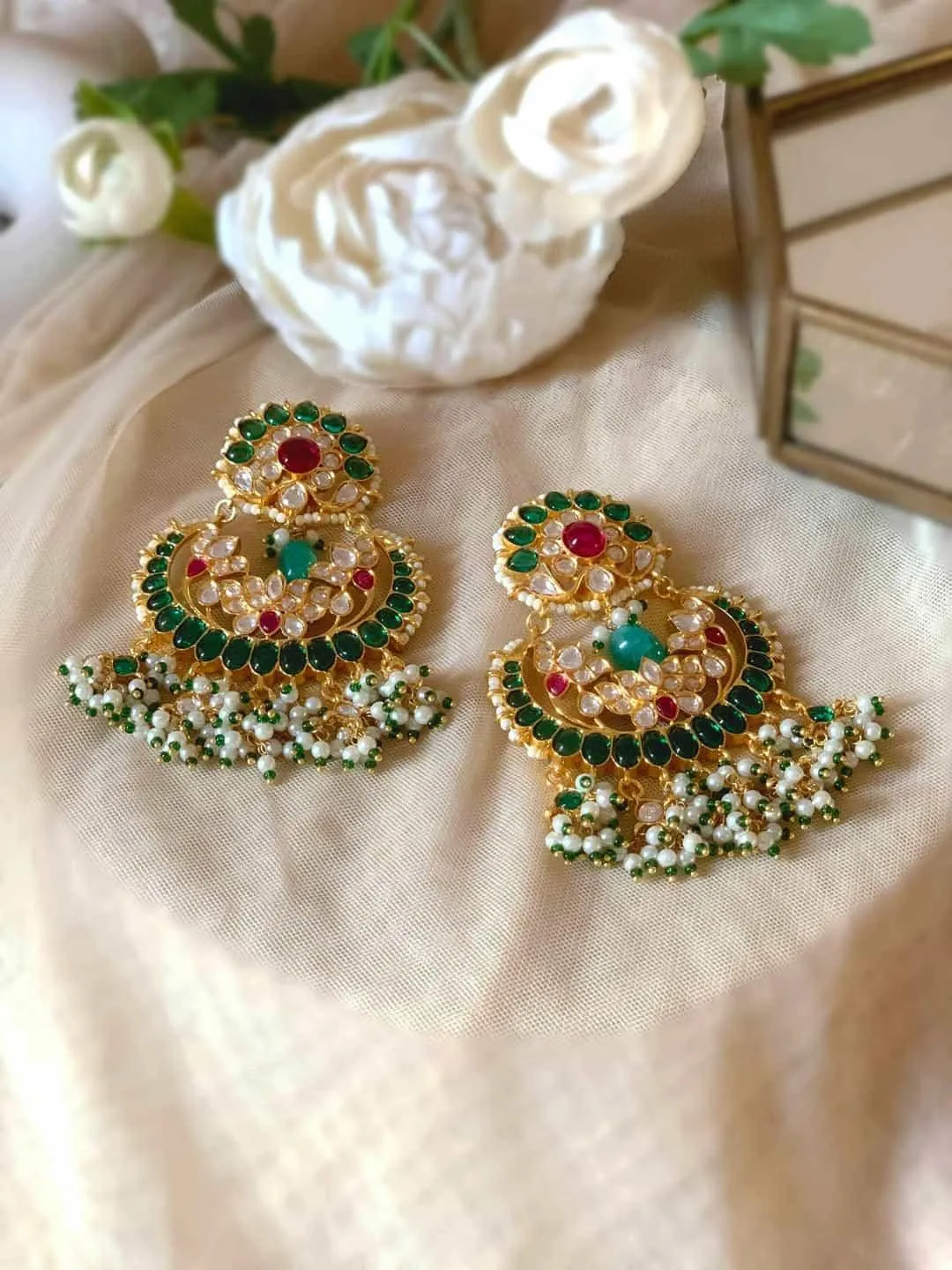 Floral Polki Kundan Chandbali Earring White